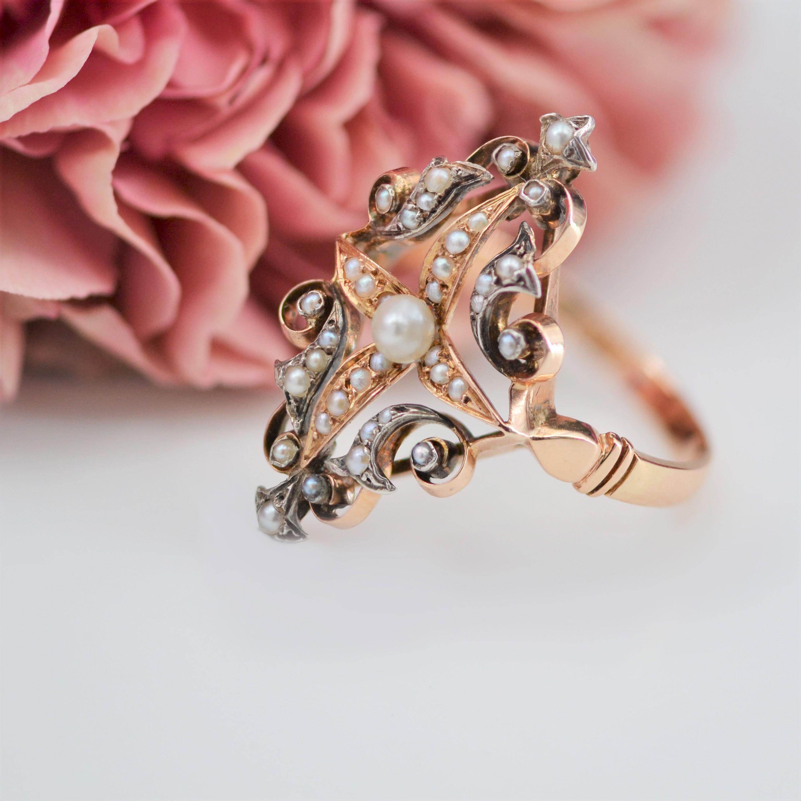 Anello francese Napoleone III in argento con perle naturali e oro rosa 18 carati in vendita 11