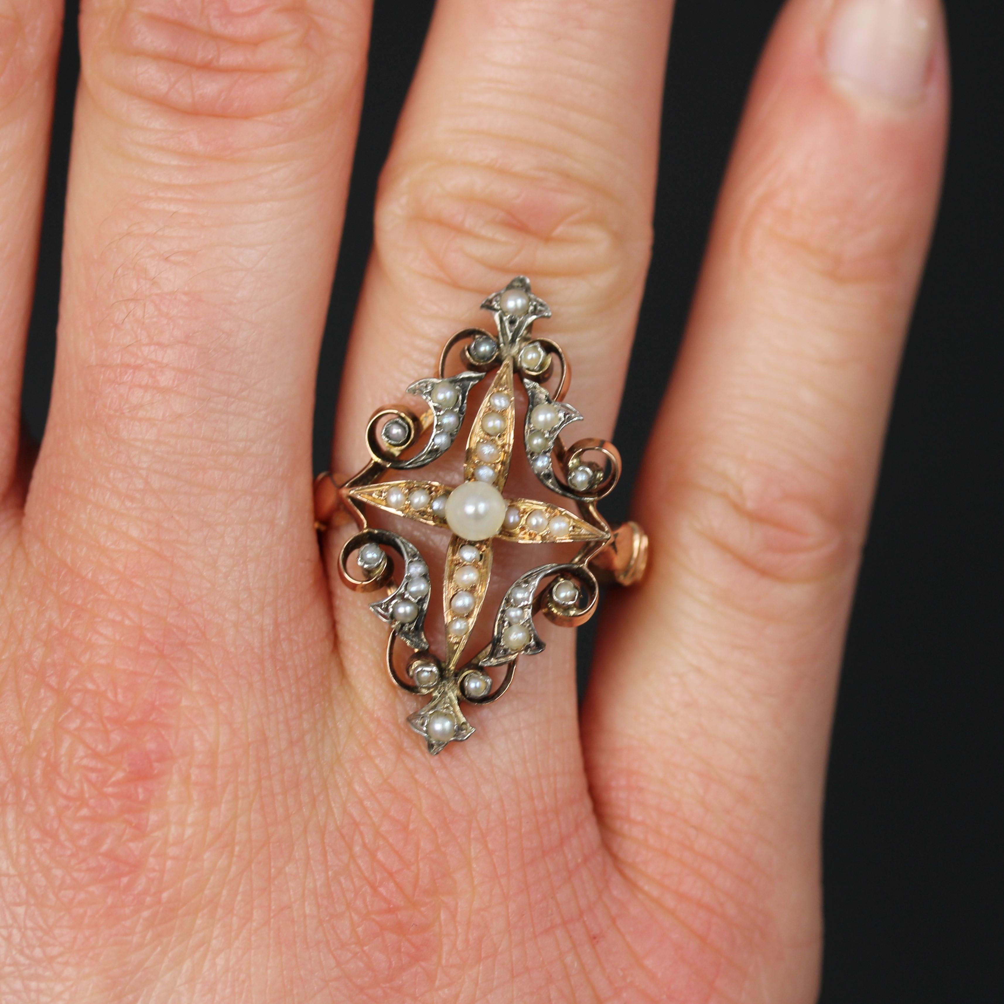 Anello francese Napoleone III in argento con perle naturali e oro rosa 18 carati in vendita 2