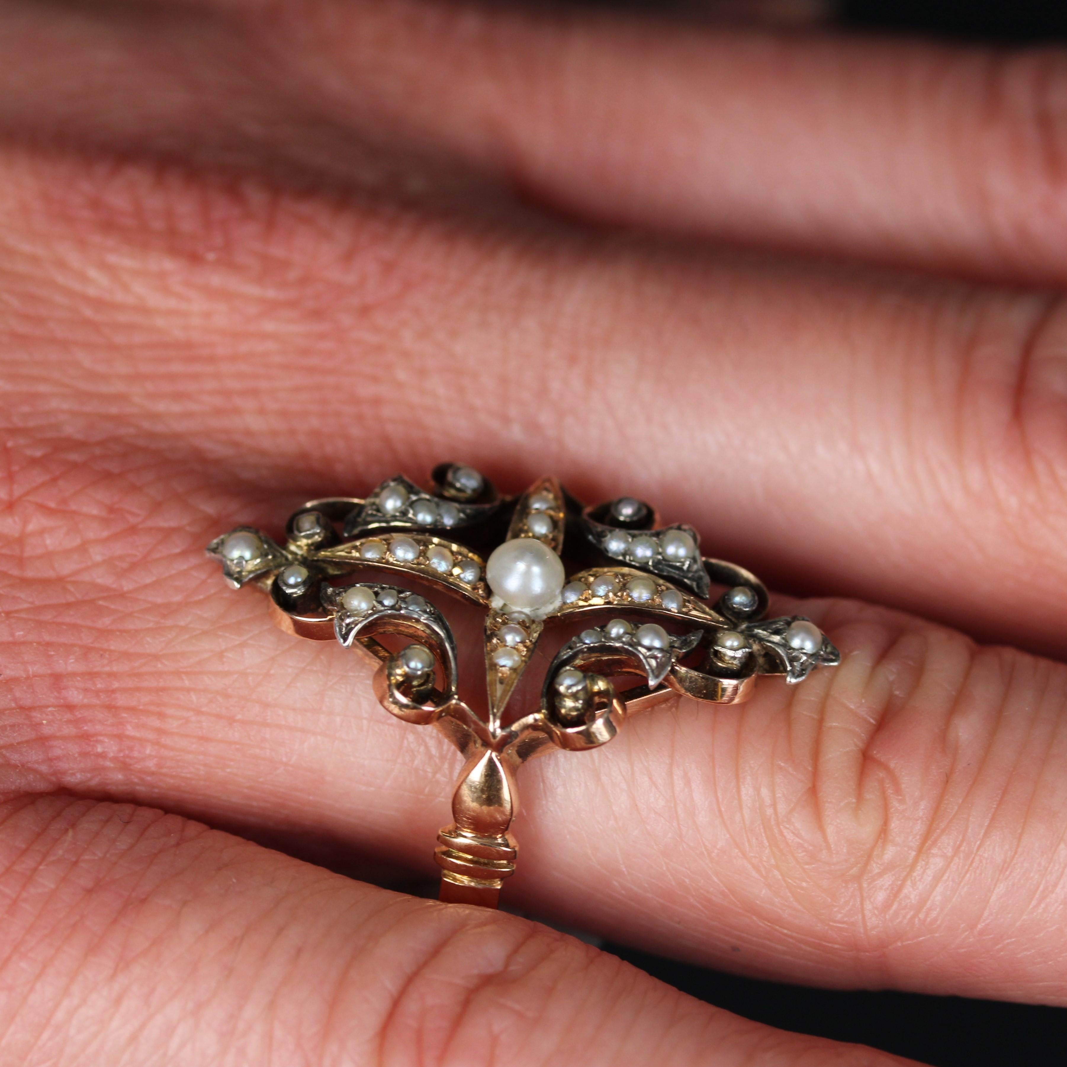 Anello francese Napoleone III in argento con perle naturali e oro rosa 18 carati in vendita 7