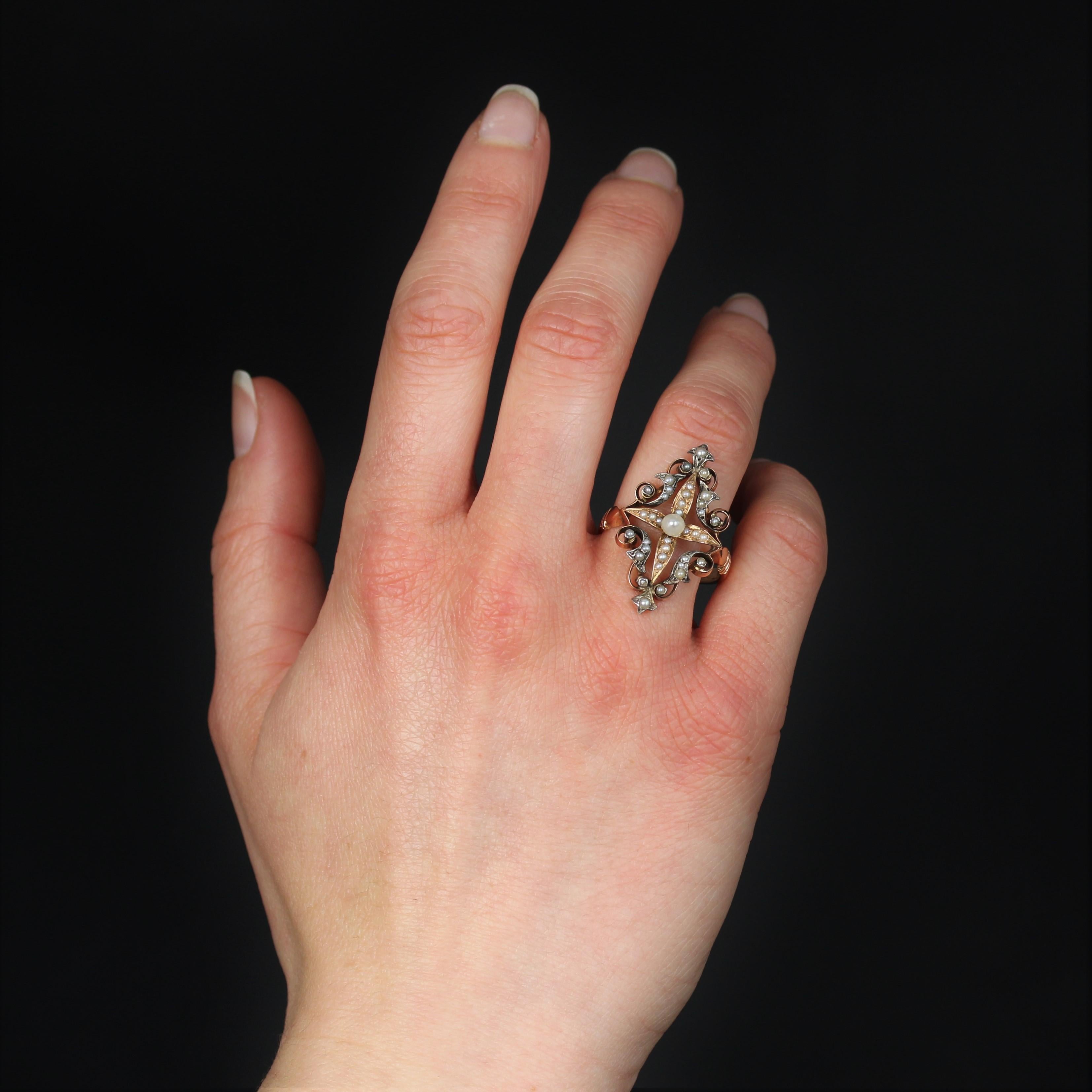 Französisch Napoleon III natürliche Perle Silber 18 Karat Roségold Ring im Zustand „Gut“ im Angebot in Poitiers, FR