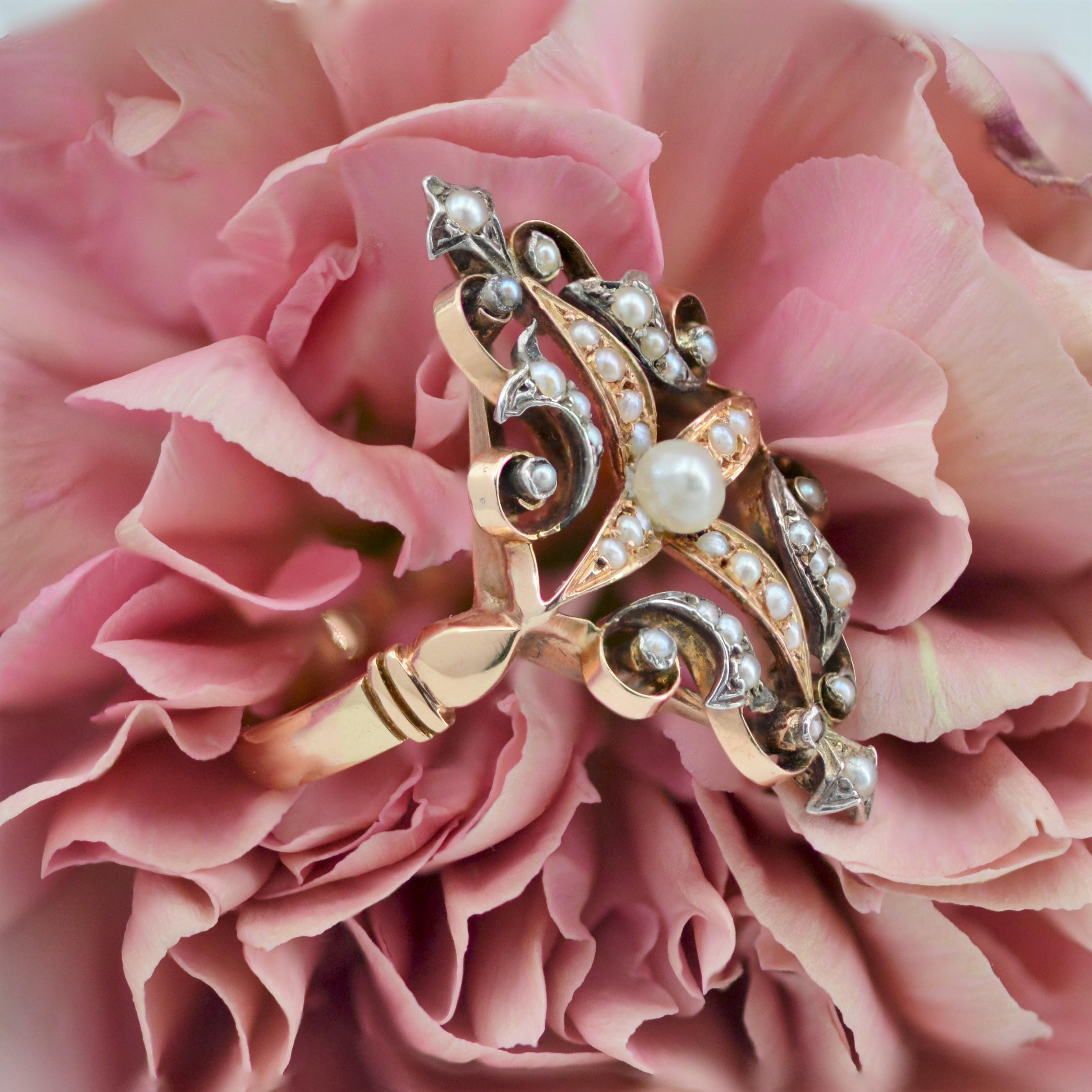 Französisch Napoleon III natürliche Perle Silber 18 Karat Roségold Ring im Angebot 6