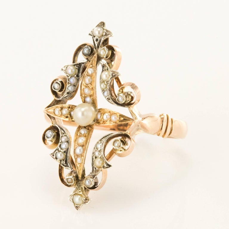 French Napoleon III Natural Pearl Siver Rose Gold Ring In Good Condition For Sale In Poitiers, FR