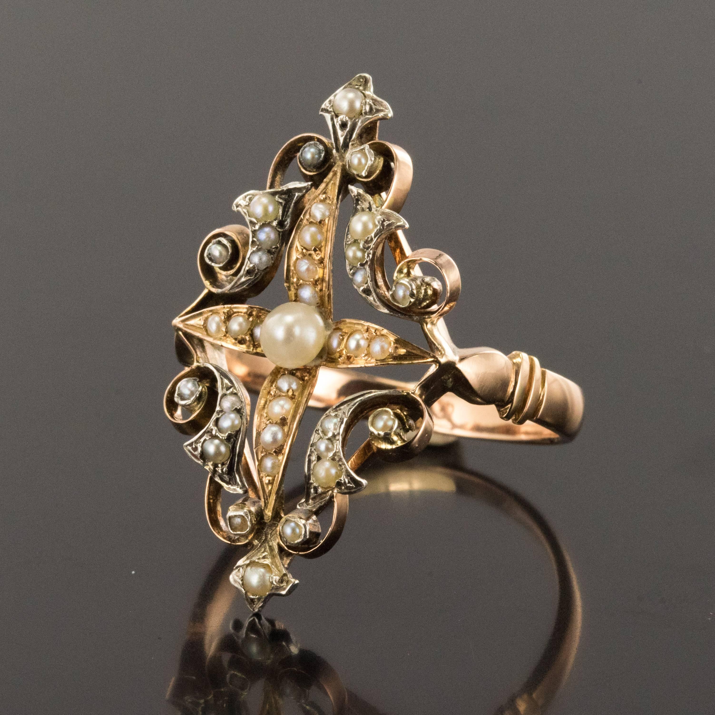Anello francese Napoleone III in argento con perle naturali e oro rosa 18 carati in vendita 3