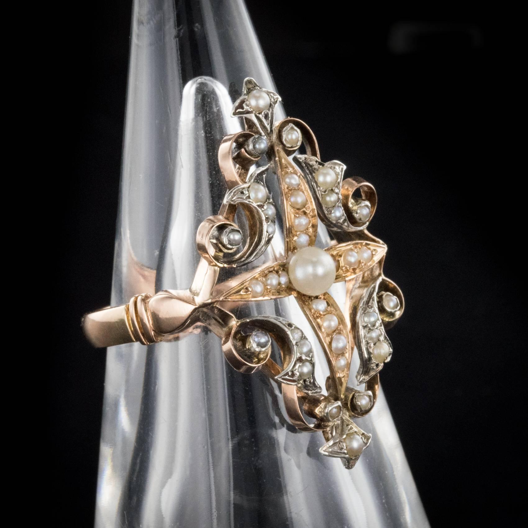 Französisch Napoleon III natürliche Perle Silber 18 Karat Roségold Ring im Angebot 4