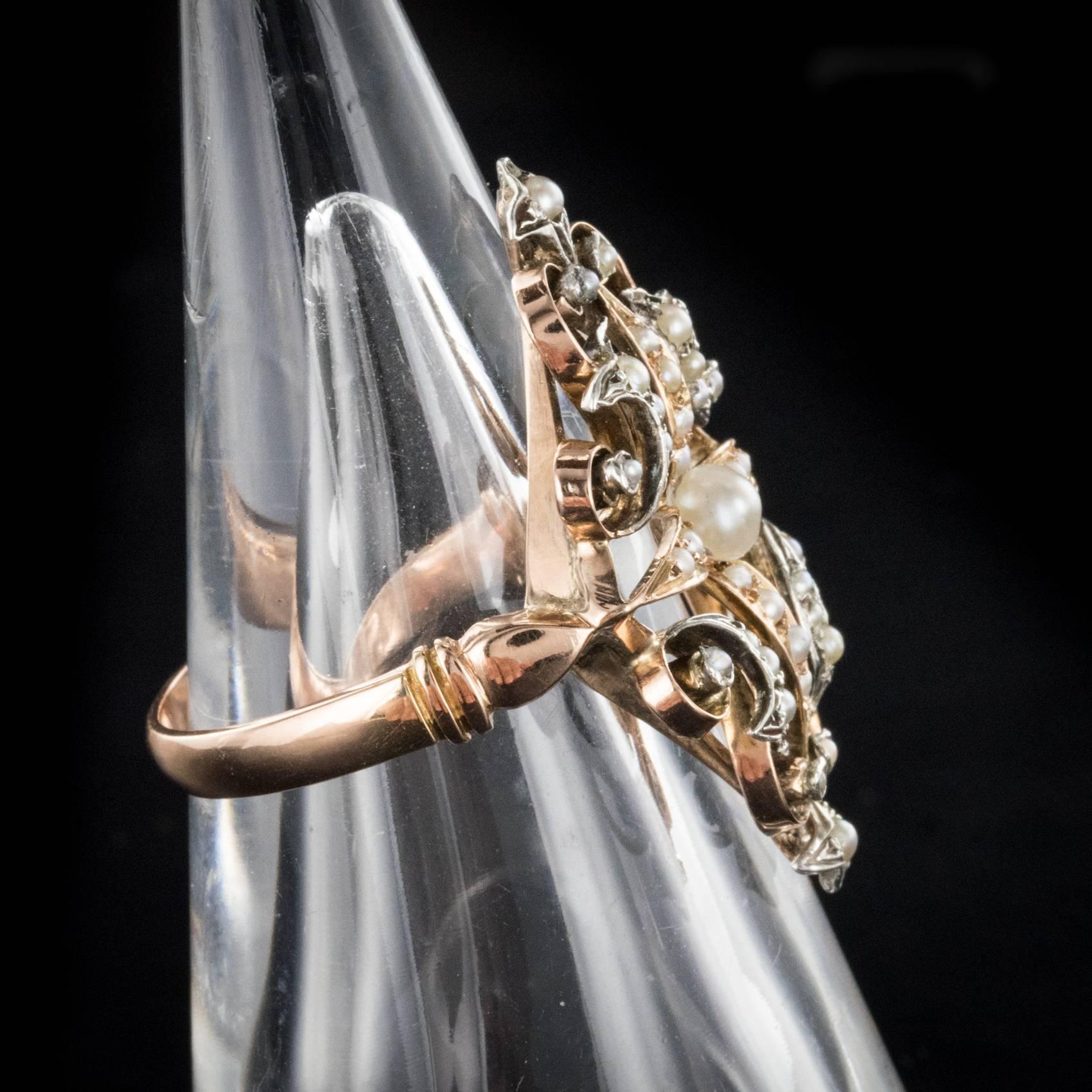 Französisch Napoleon III natürliche Perle Silber 18 Karat Roségold Ring im Angebot 5