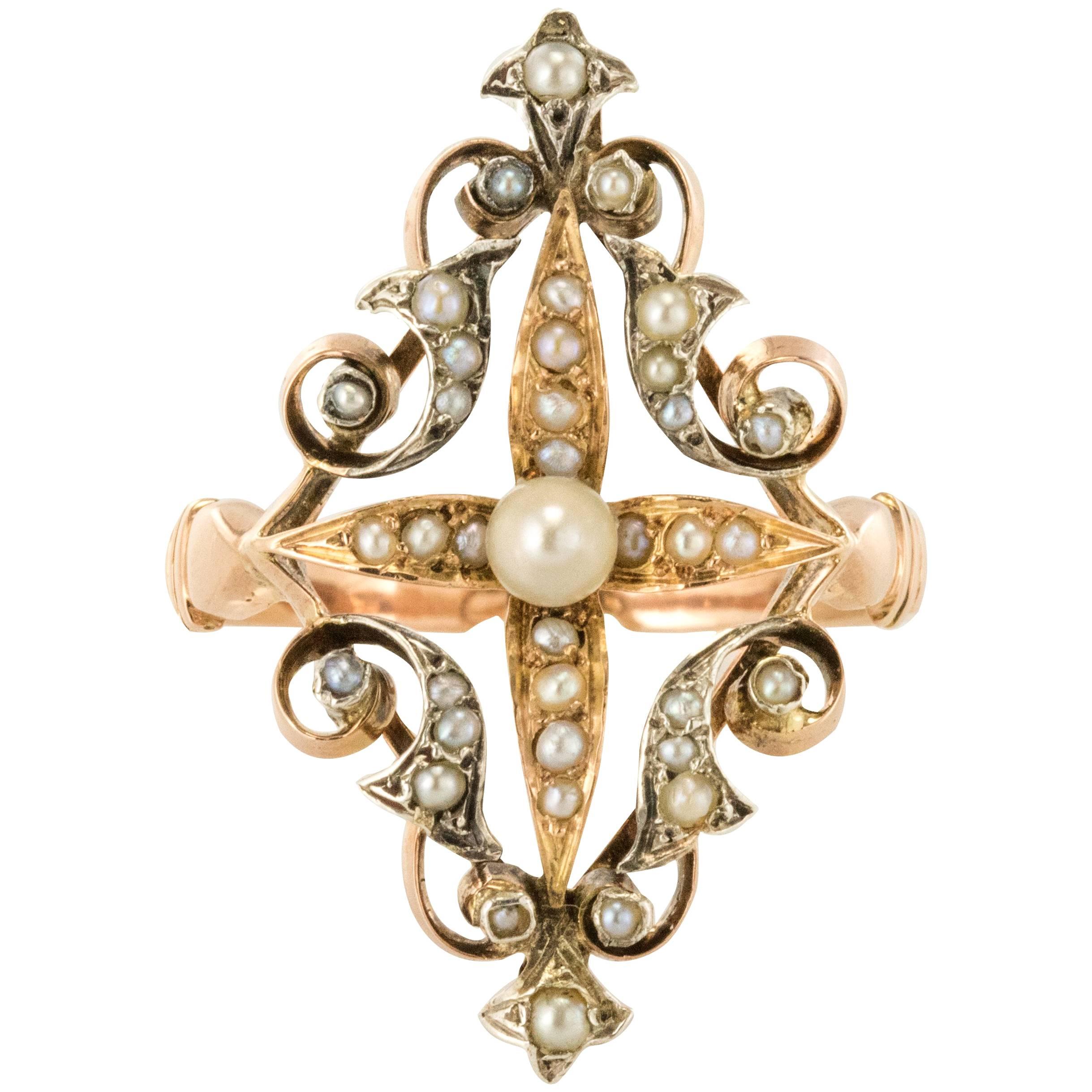 French Napoleon III Natural Pearl Silver 18 Karat Rose Gold Ring