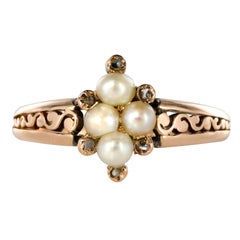 French Napoleon III Natural Pearls Diamonds Cathedral Ring