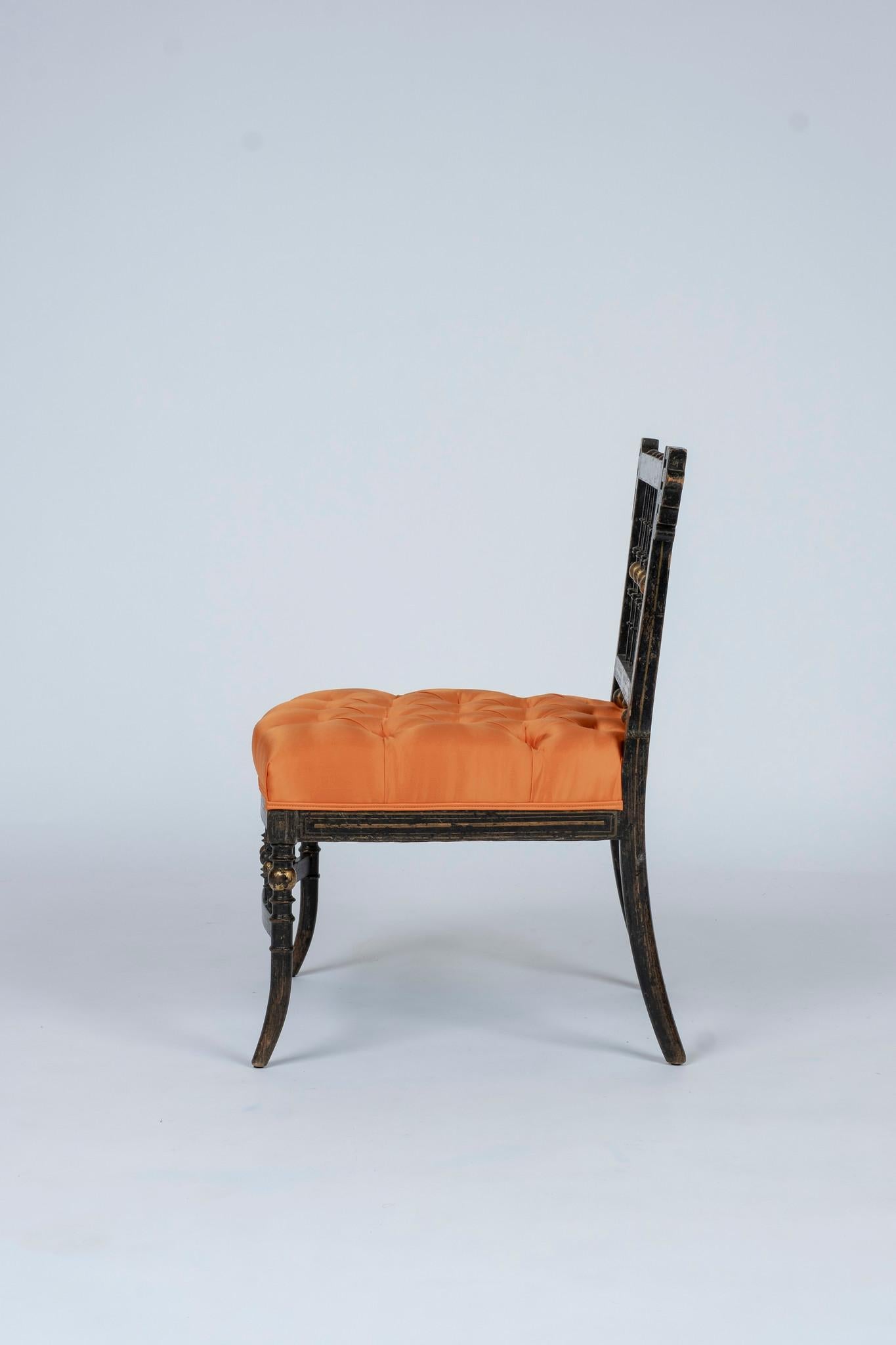 Ebonized French Napoleon III Orange Silk Chair