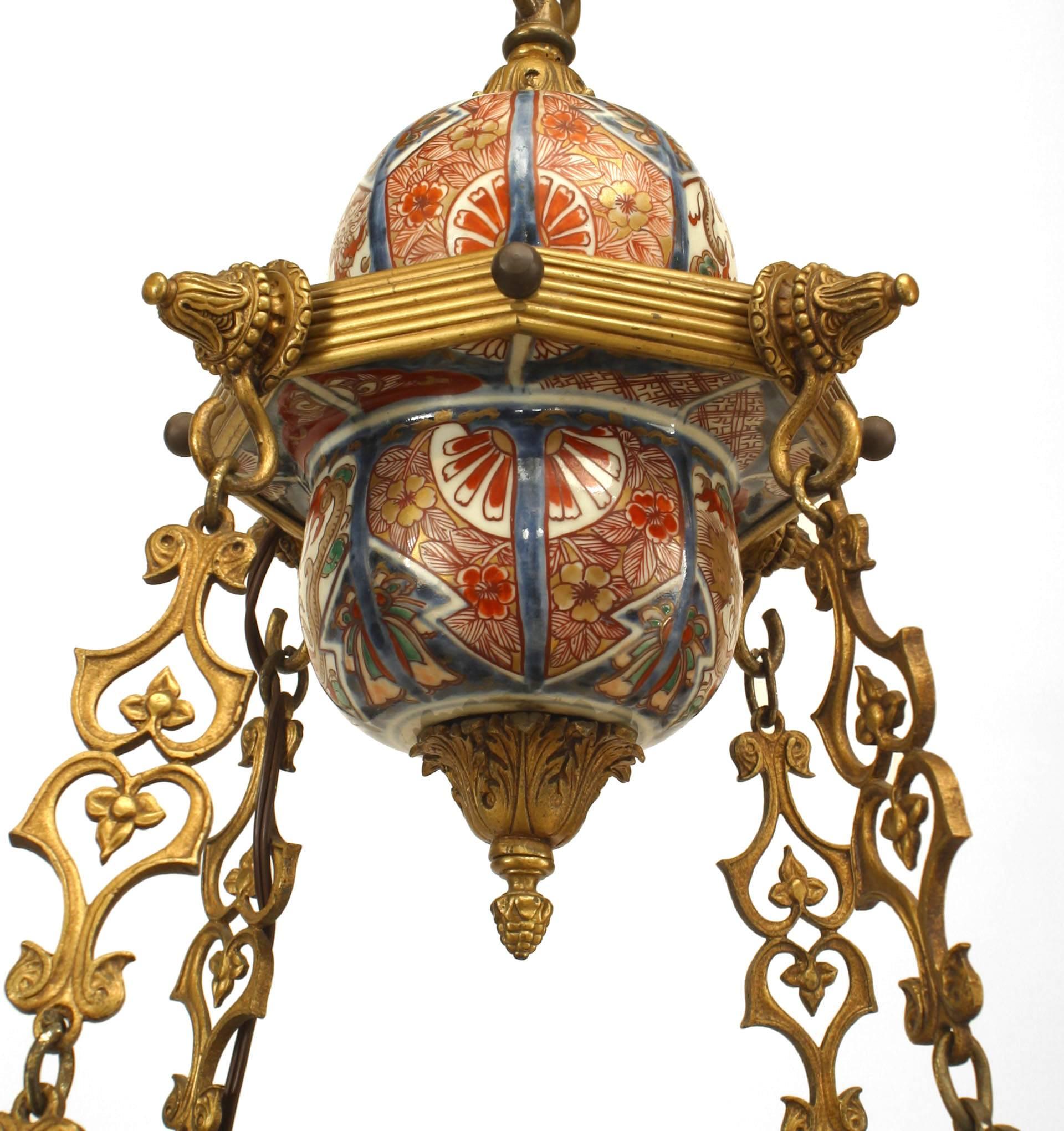 Painted French Napoleon III Imari Porcelain and Bronze Dore Chandelier For Sale