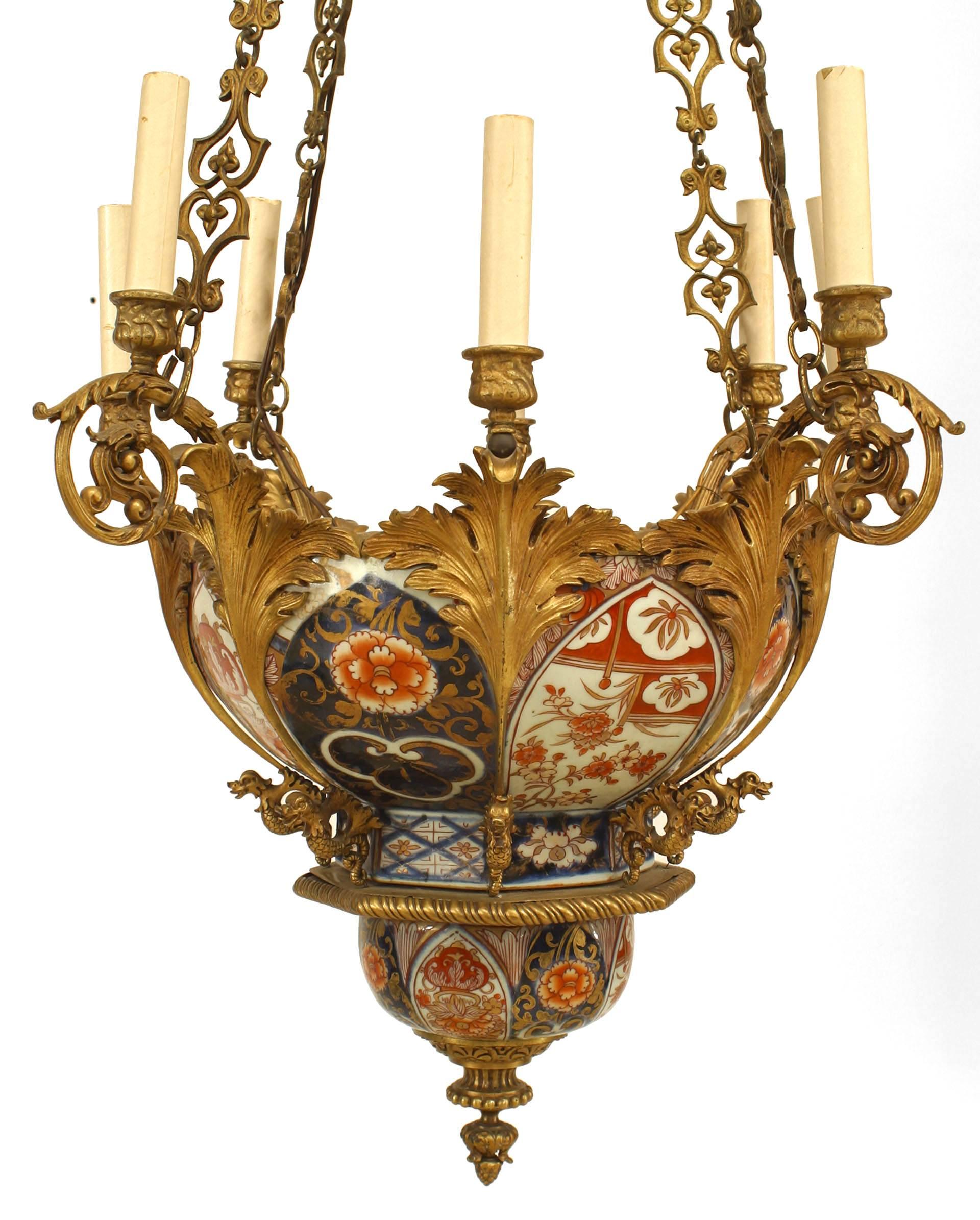 French Napoleon III Imari Porcelain and Bronze Dore Chandelier In Good Condition For Sale In New York, NY