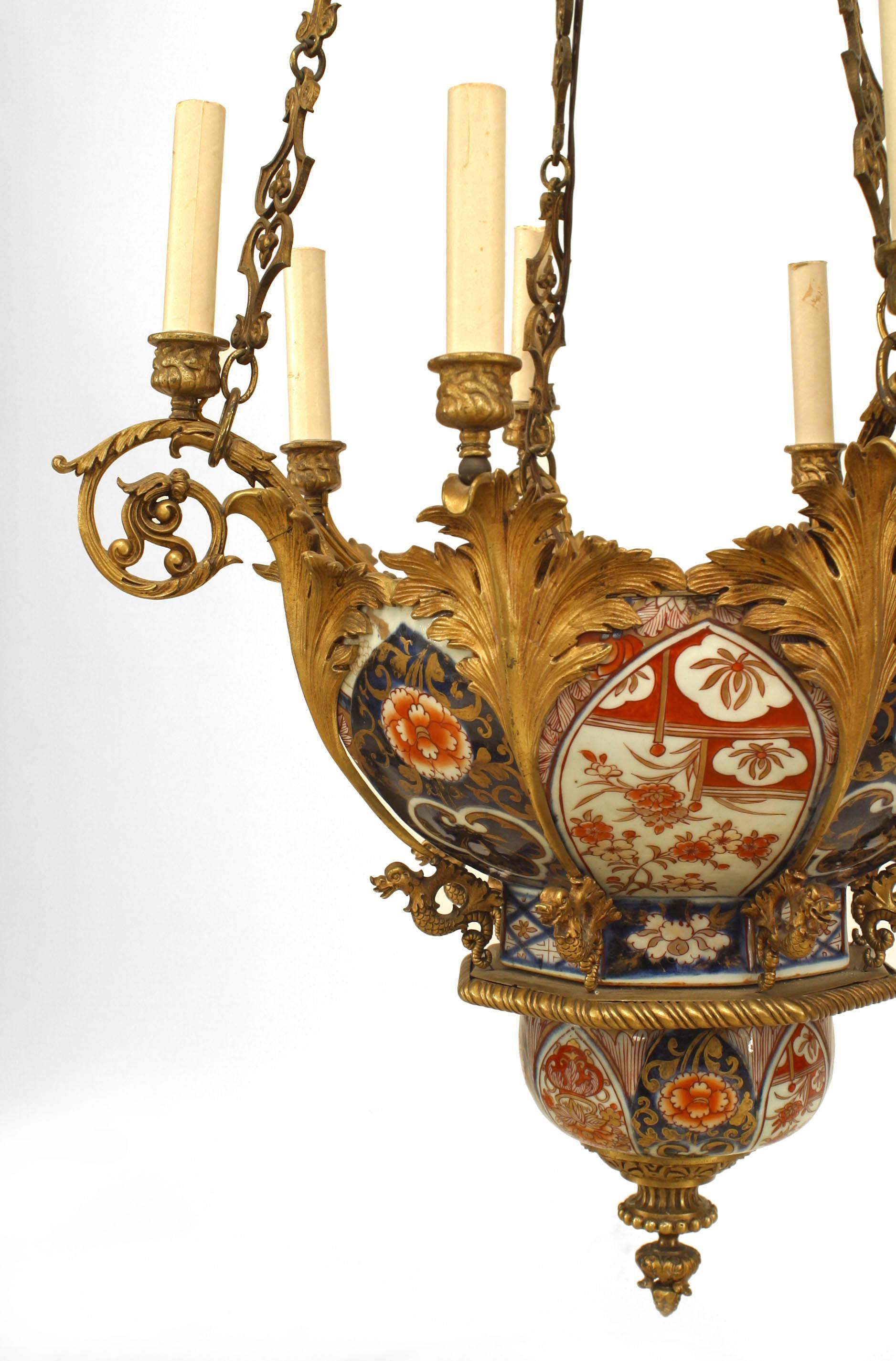 19th Century French Napoleon III Imari Porcelain and Bronze Dore Chandelier For Sale