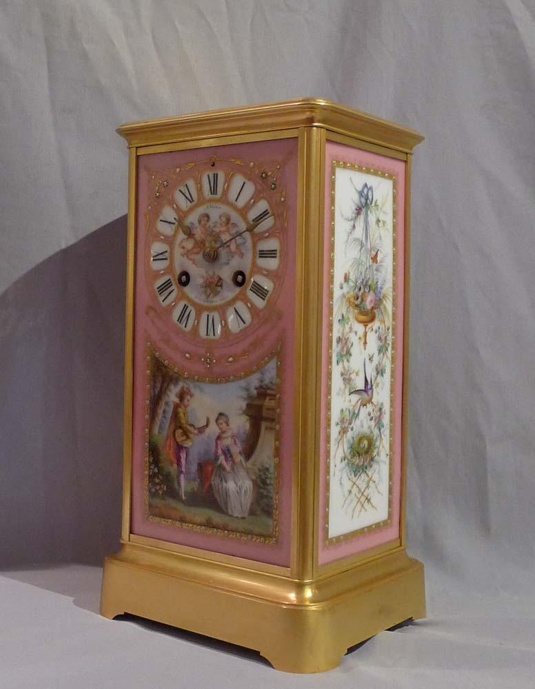 French Napoleon III Ormolu and Porcelain Sided Mantel Clock in Four Glass Form For Sale 2