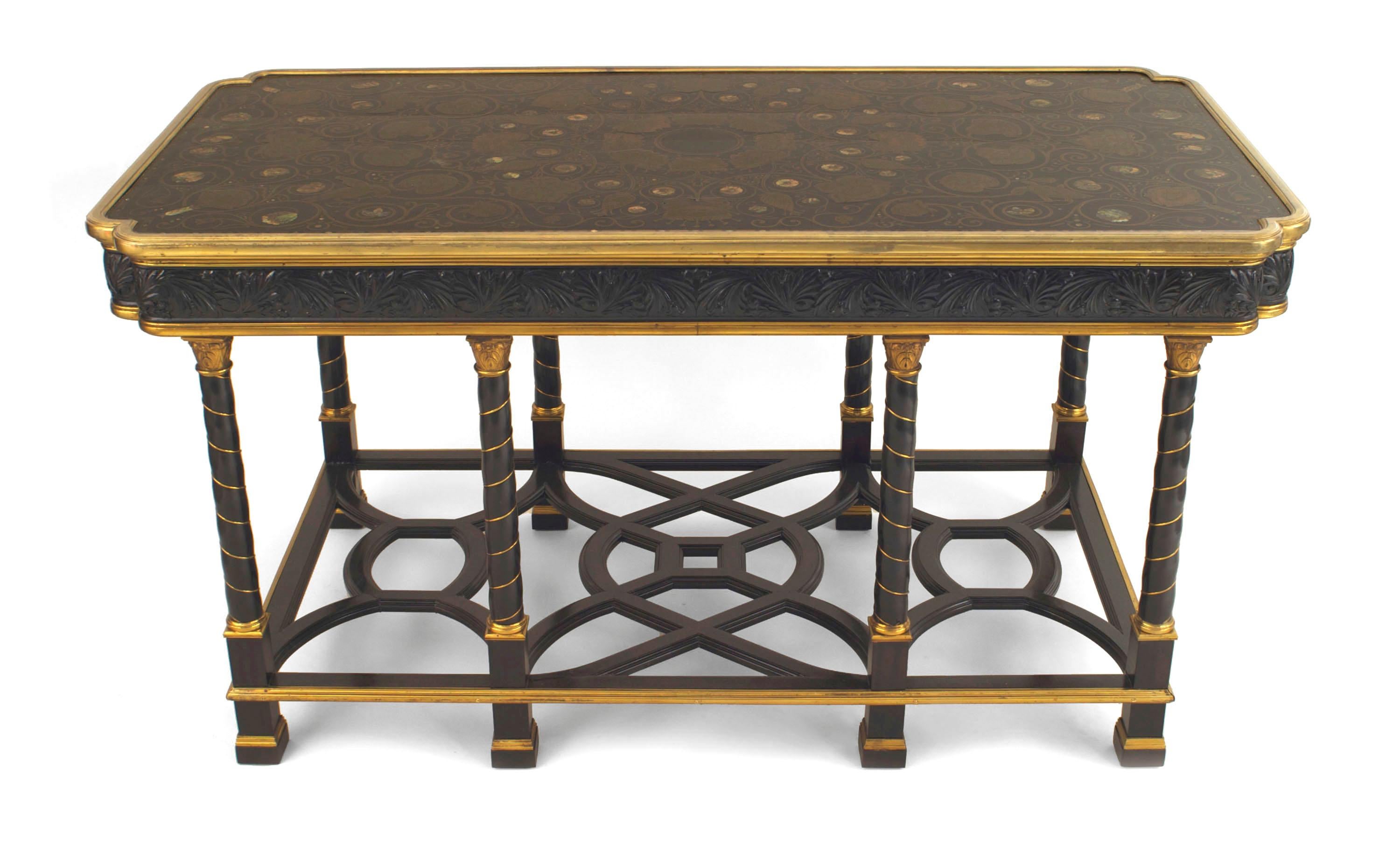 French Victorian (19/20th Century) ebony and bronze rectangular center table with 8 swirl design legs connected with an open geometric design stretcher and a top inlaid with pearl & brass floral & animal designs.
