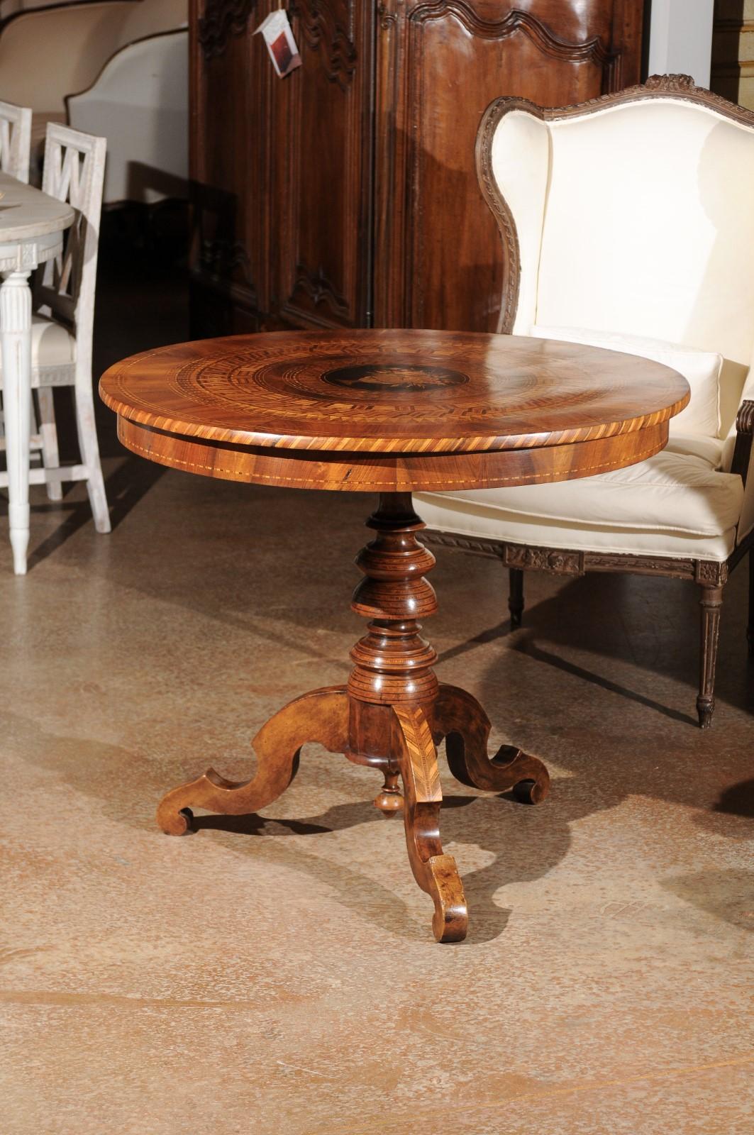 Inlay French Napoleon III Pedestal Table with Marquetry of Ebony, Walnut and Lemon