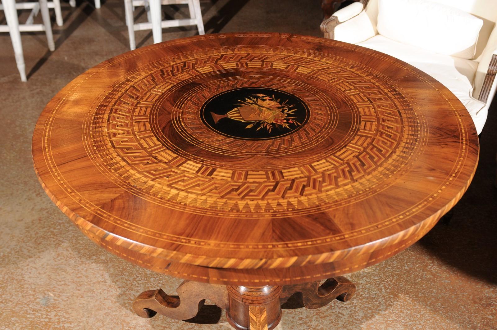 19th Century French Napoleon III Pedestal Table with Marquetry of Ebony, Walnut and Lemon