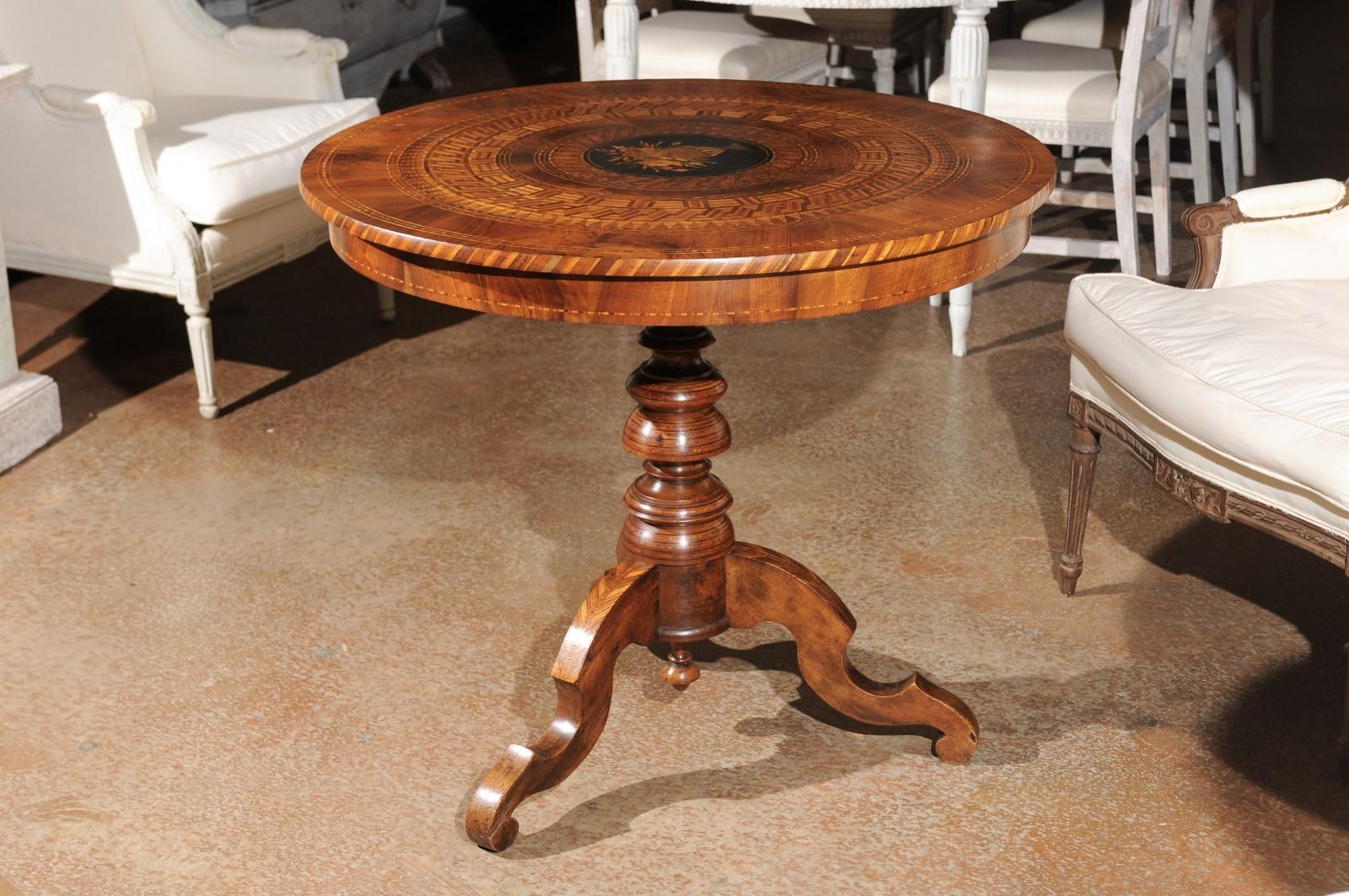 Wood French Napoleon III Pedestal Table with Marquetry of Ebony, Walnut and Lemon