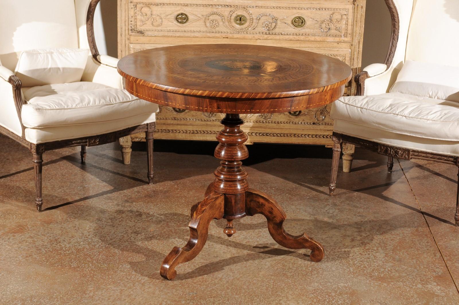 French Napoleon III Pedestal Table with Marquetry of Ebony, Walnut and Lemon 2