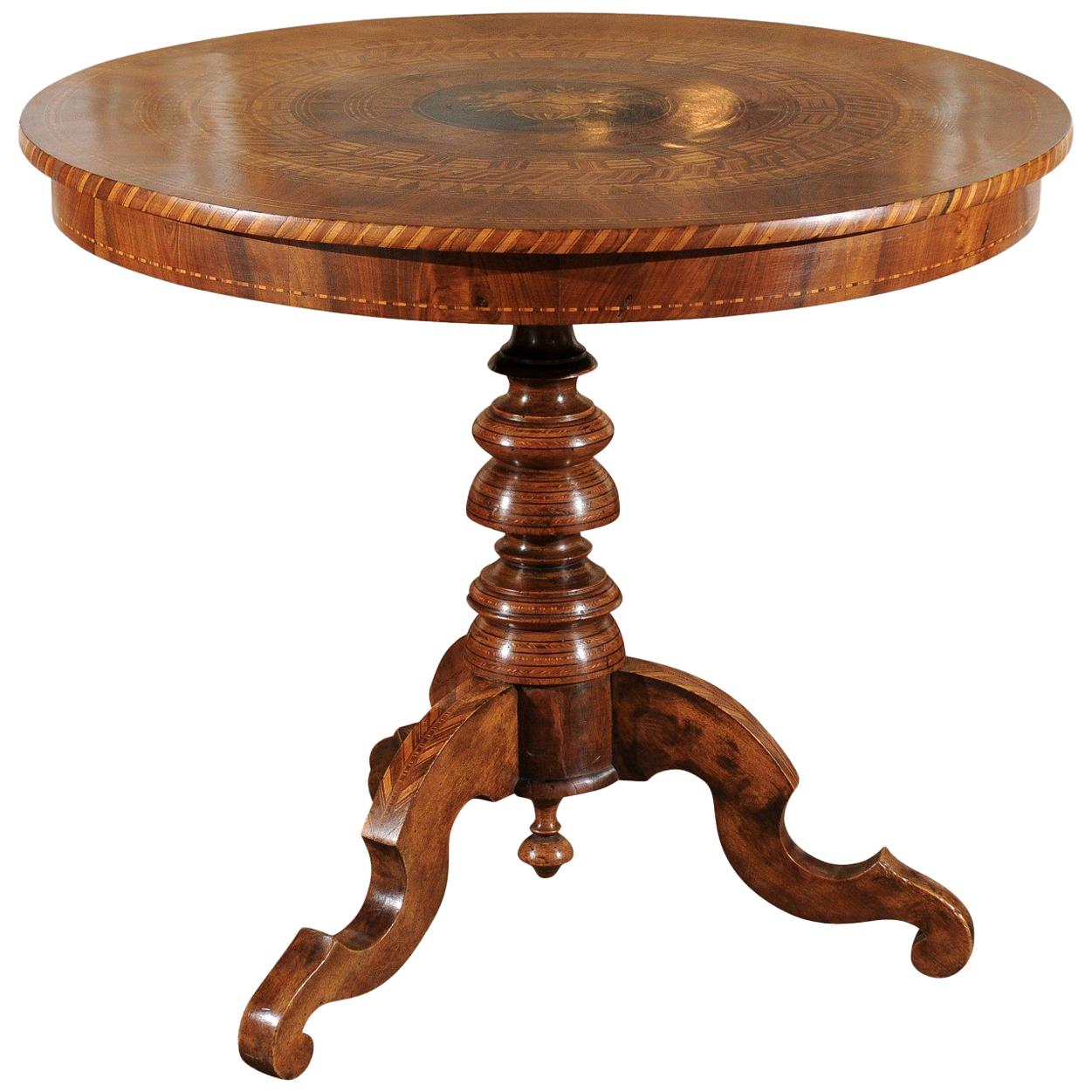 French Napoleon III Pedestal Table with Marquetry of Ebony, Walnut and Lemon