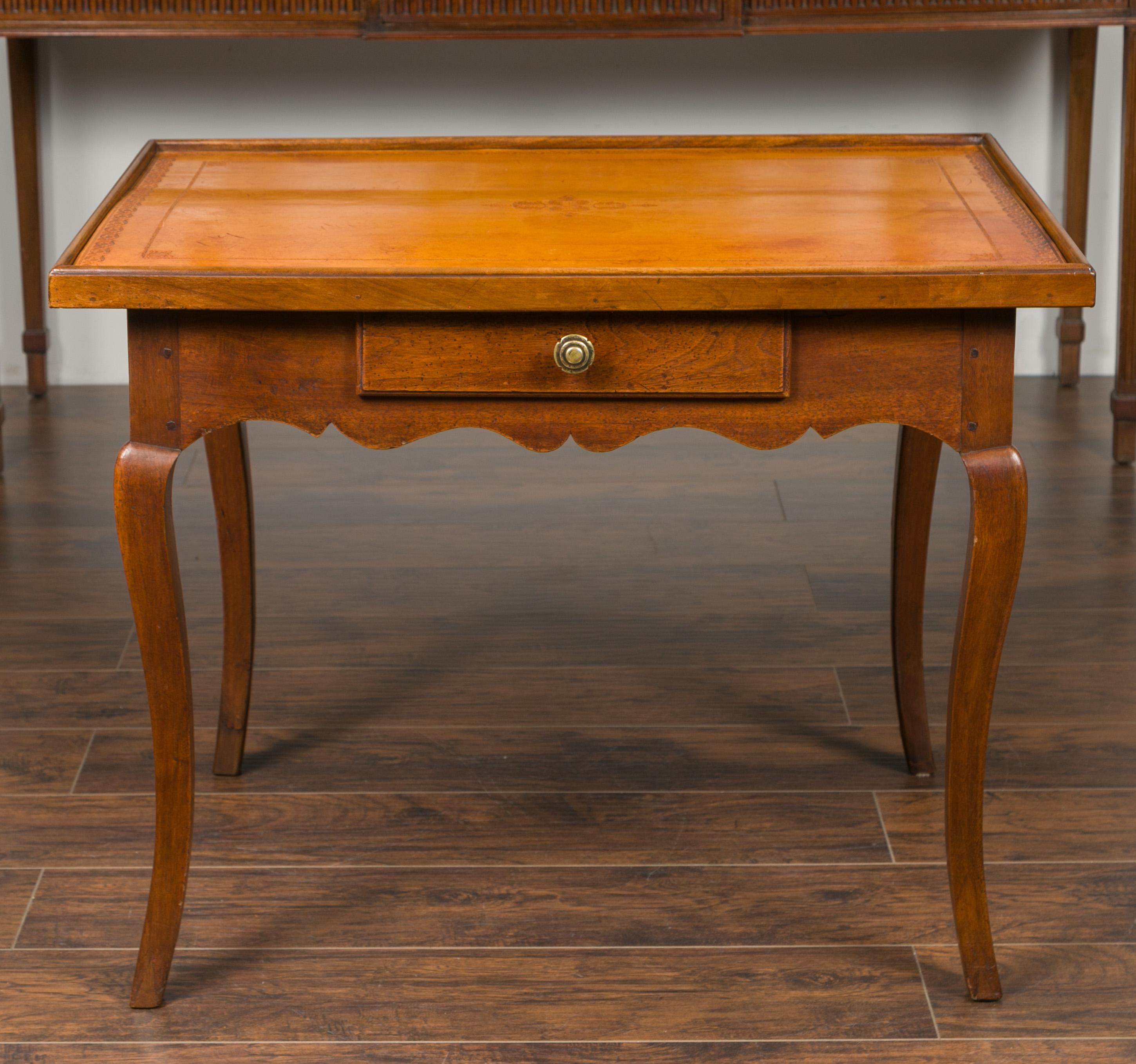 French Napoleon III Period 1850s Walnut Table with Leather Top and Single Drawer In Good Condition In Atlanta, GA