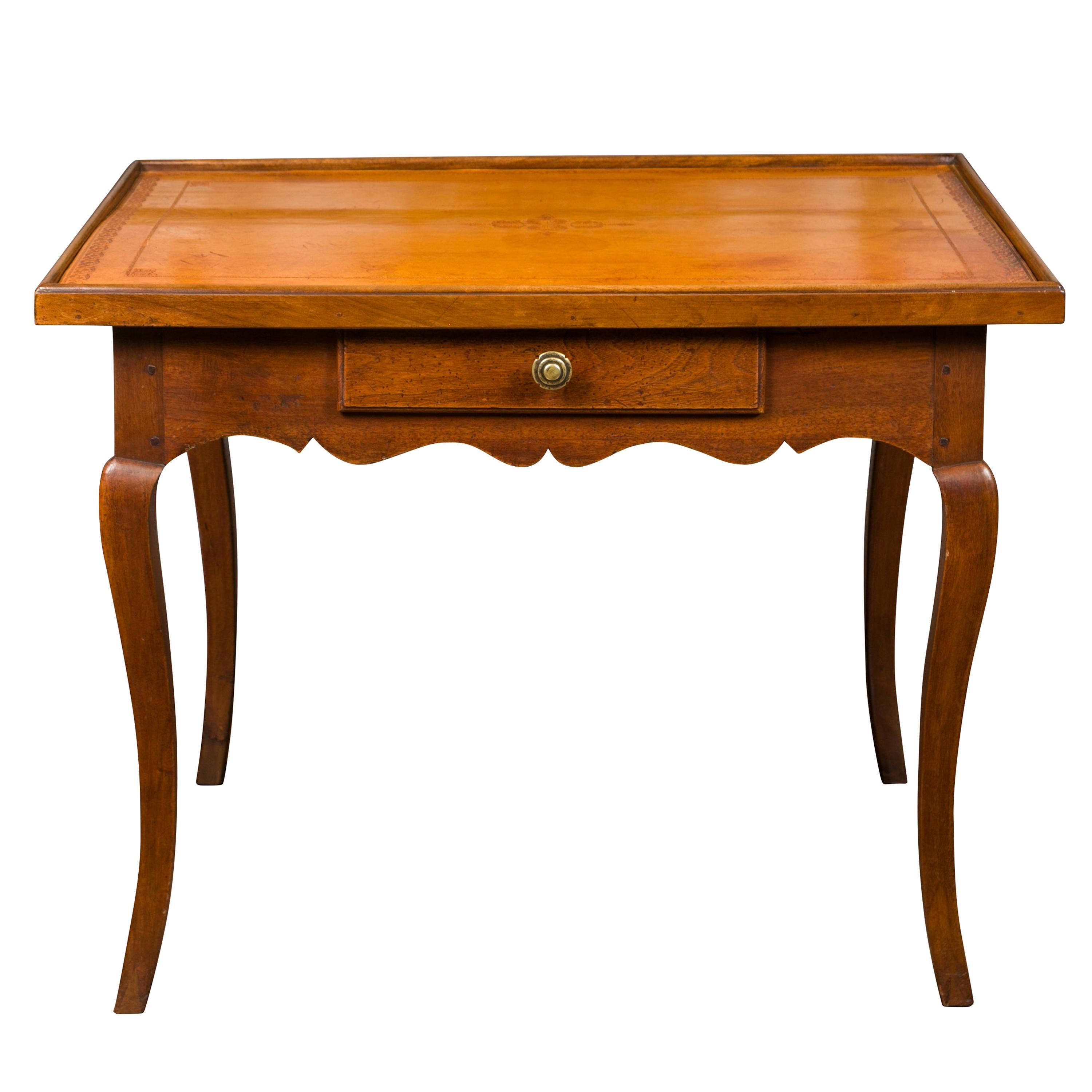 French Napoleon III Period 1850s Walnut Table with Leather Top and Single Drawer