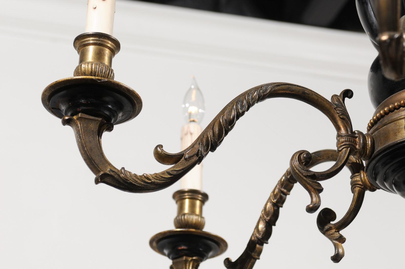 French Napoleon III Period 1860s Ebonized Wood and Bronze Six-Light Chandelier For Sale 5