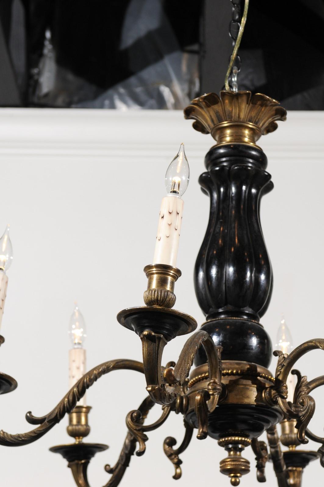 Carved French Napoleon III Period 1860s Ebonized Wood and Bronze Six-Light Chandelier For Sale