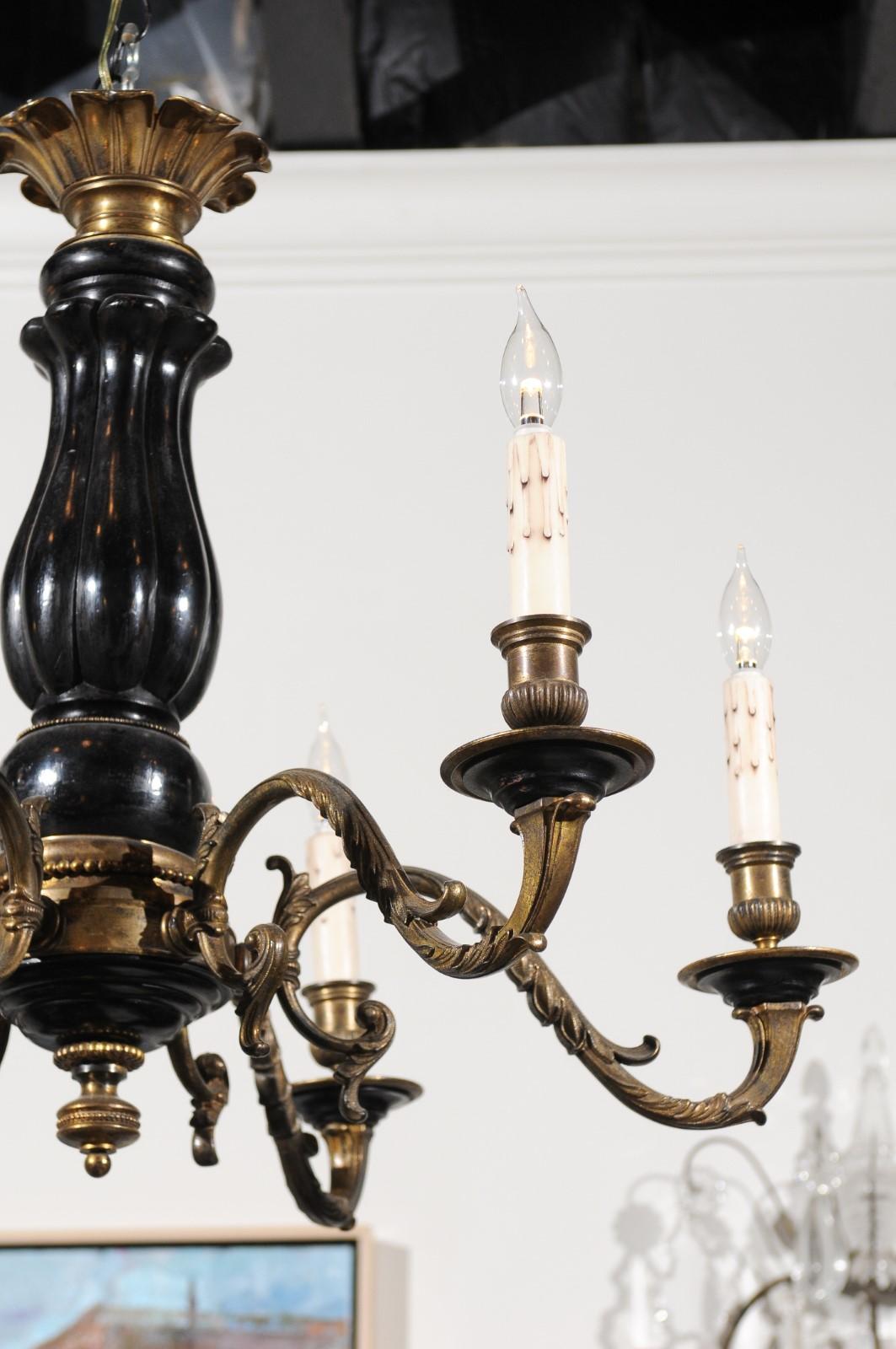 19th Century French Napoleon III Period 1860s Ebonized Wood and Bronze Six-Light Chandelier For Sale