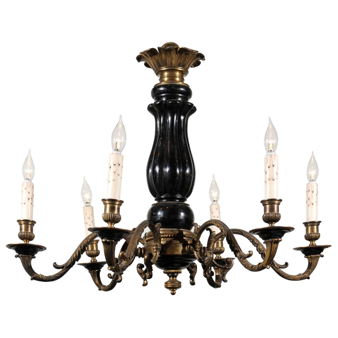 French Napoleon III Period 1860s Ebonized Wood and Bronze Six-Light Chandelier For Sale