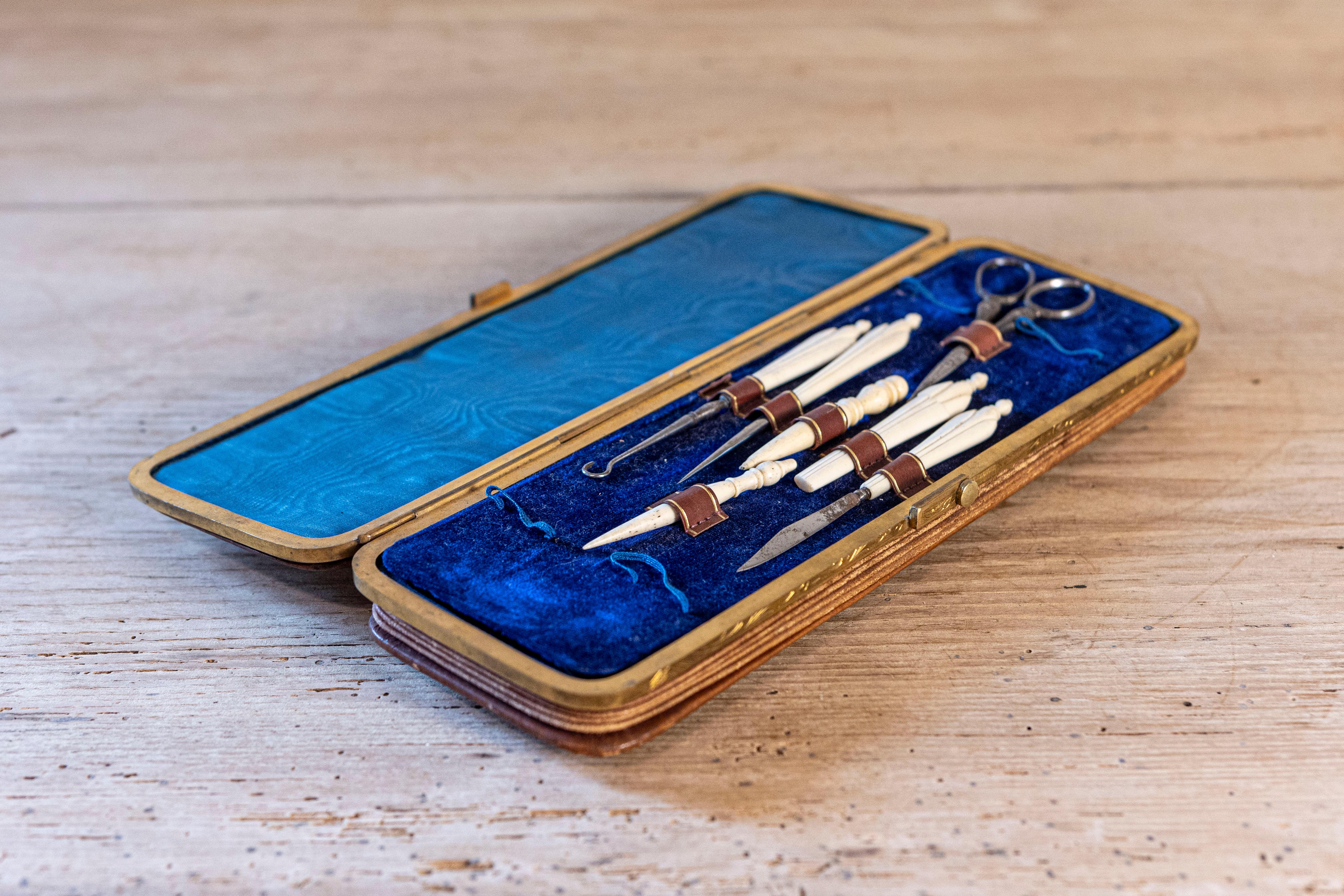 French Napoleon III Period 19th Century Leather Sewing Kit with Bronze Hardware 1