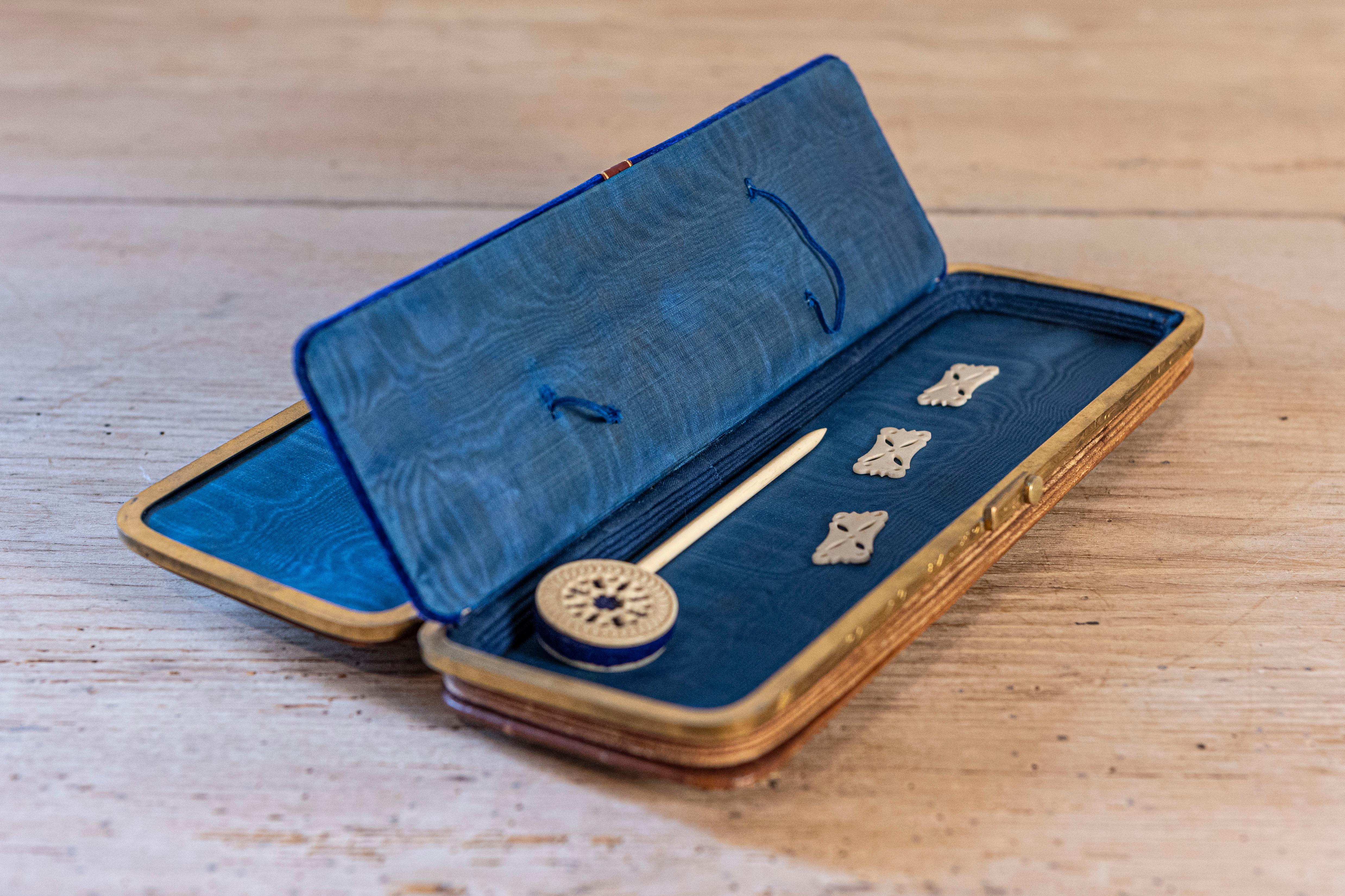 French Napoleon III Period 19th Century Leather Sewing Kit with Bronze Hardware 3
