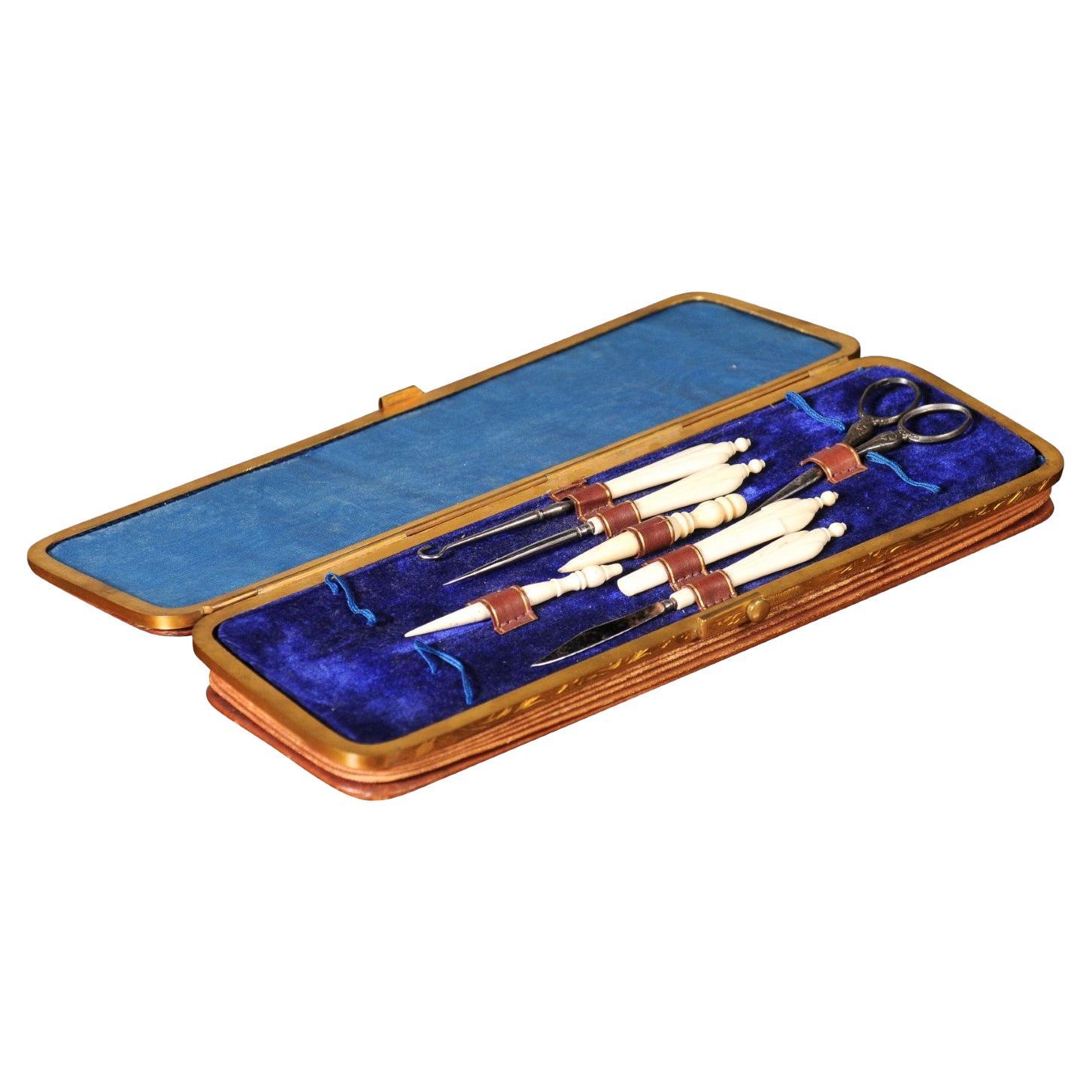 French Napoleon III Period 19th Century Leather Sewing Kit with Bronze Hardware For Sale