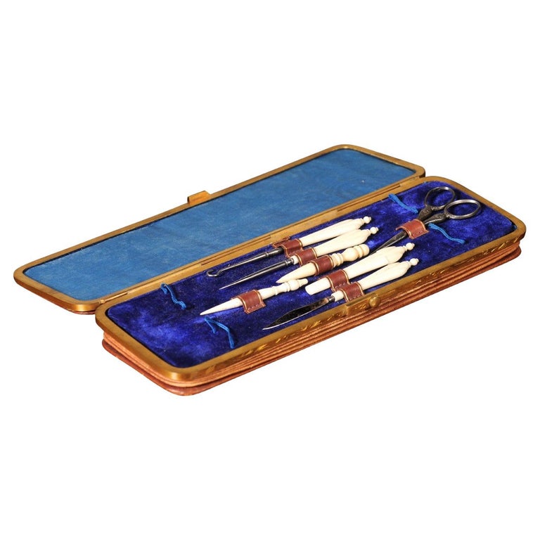 French Napoleon III Period 19th Century Leather Sewing Kit with Bronze  Hardware For Sale at 1stDibs
