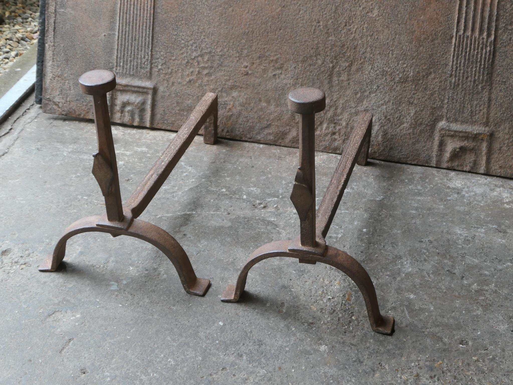 Wrought Iron French Napoleon III Period Andirons or Firedogs For Sale