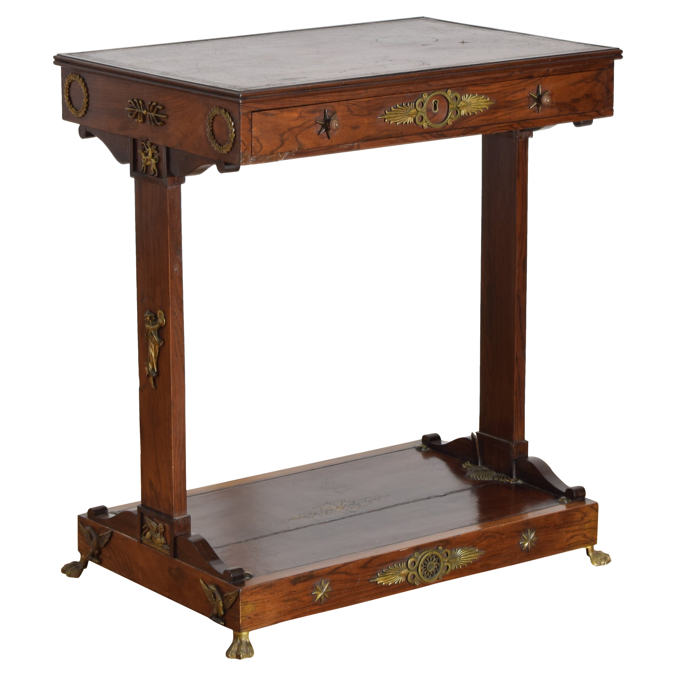 French Napoleon III Period Leather 
Brass Mounted 1-Drawer Writing Table, c1860 For Sale