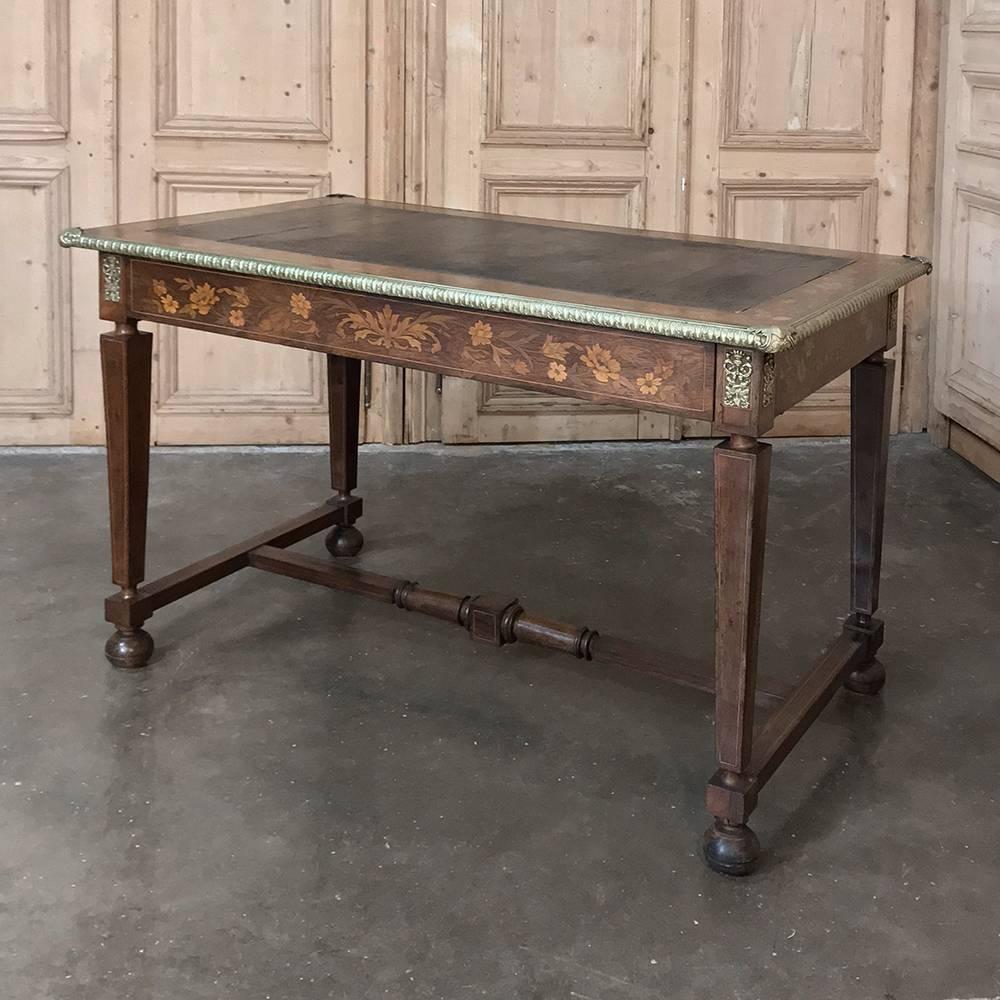 This stunning French Napoleon III period marquetry bureau plat desk was crafted from the finest exotic imported mahogany and rosewood, blended with indigenous prime French walnut to create an especially amazing work of the cabinetmaker's art! The