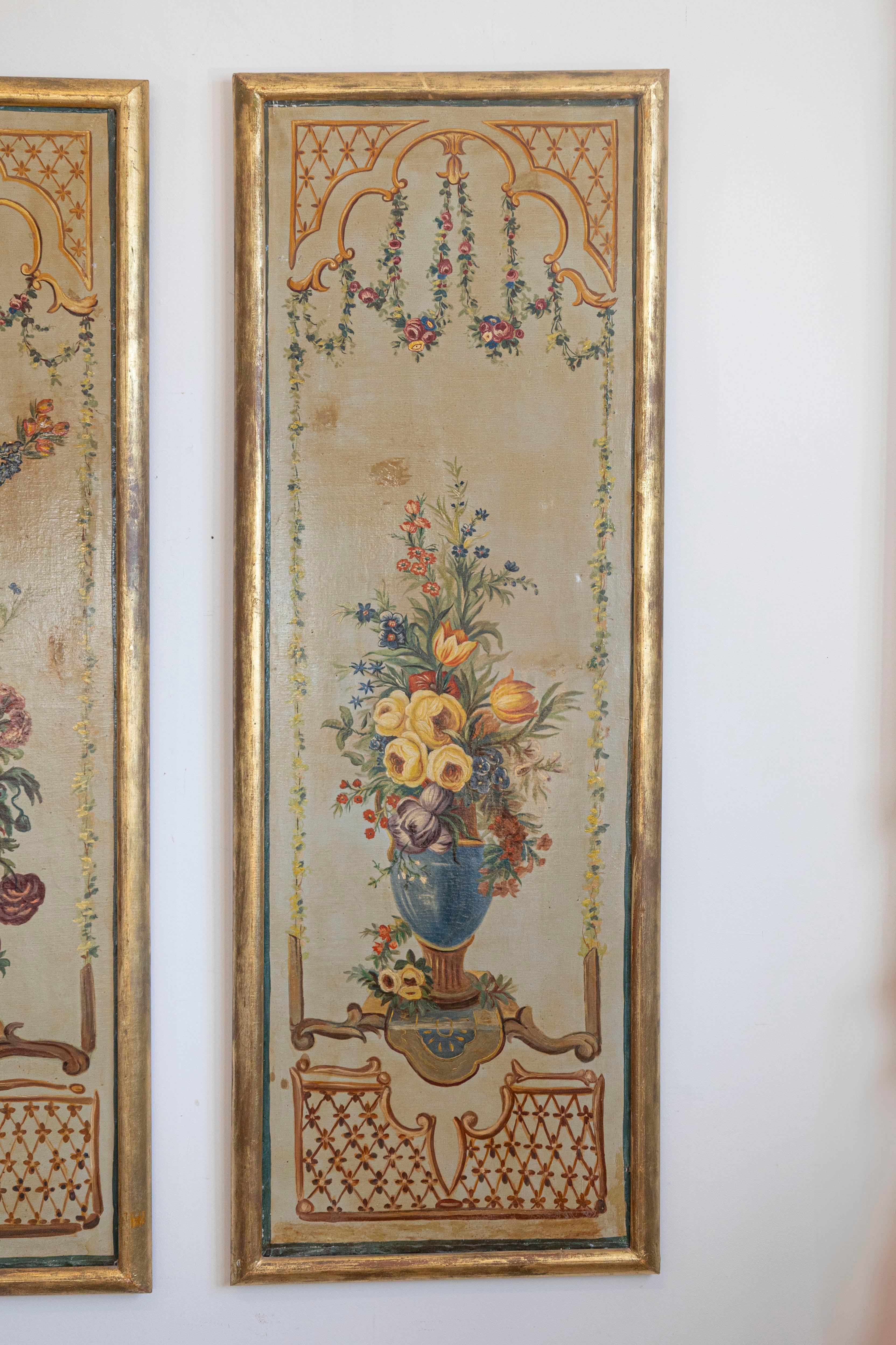 Canvas French Napoleon III Period Painted Decorative Panels with Bouquets, circa 1860 For Sale