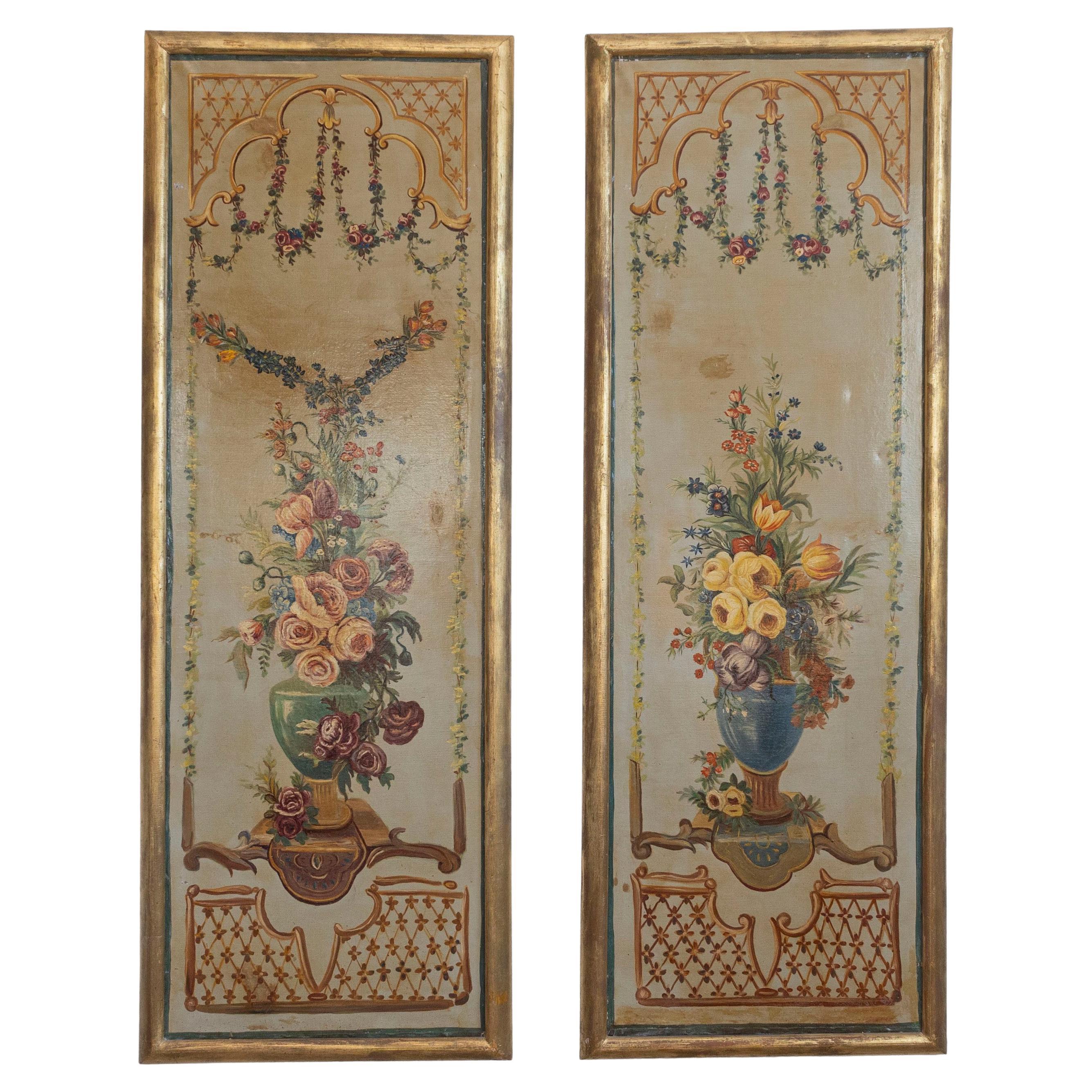 French Napoleon III Period Painted Decorative Panels with Bouquets, circa 1860
