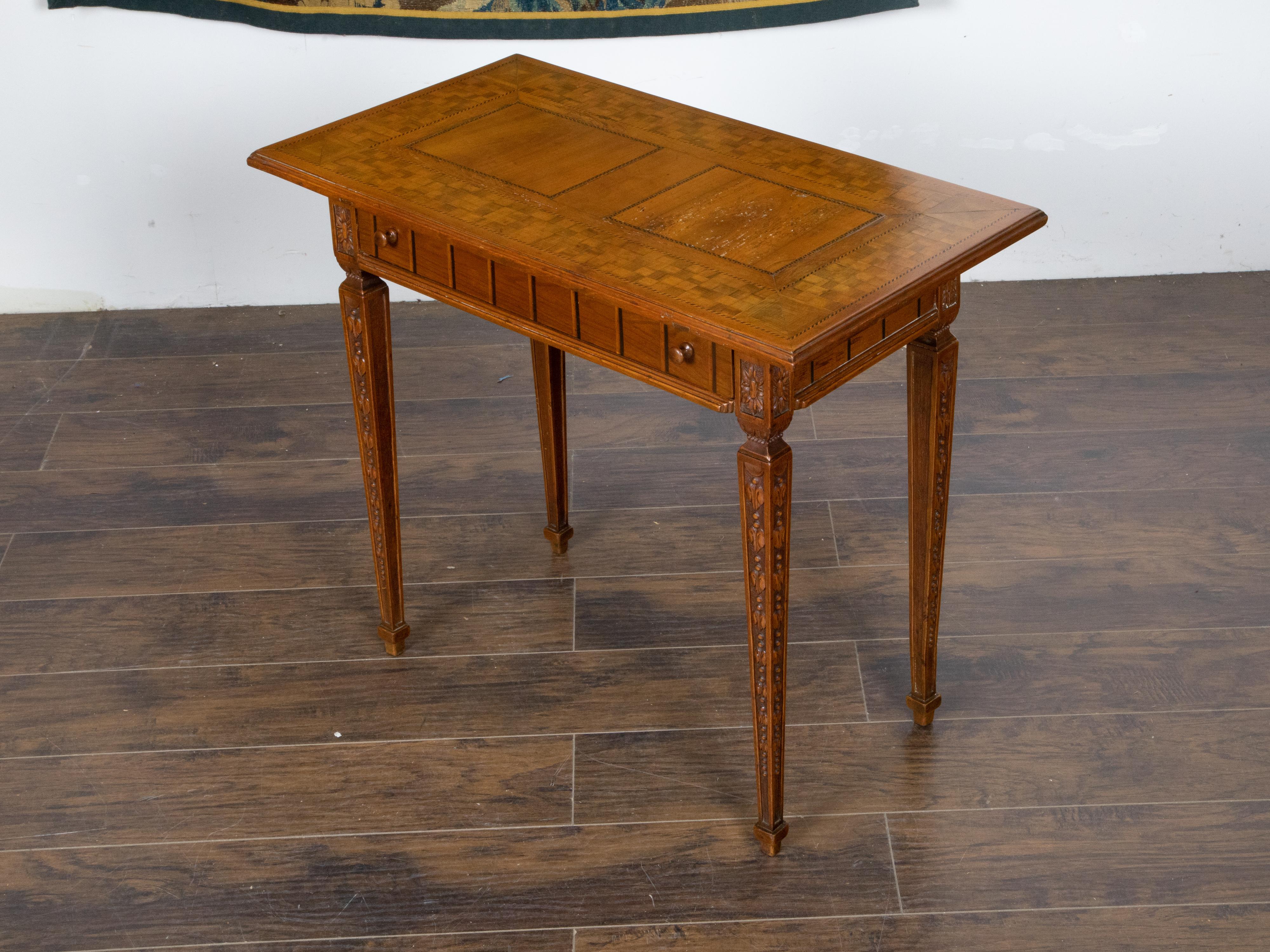 Napoleon III French Napoléon III Period Walnut Side Table with Inlaid Décor and Single Drawer For Sale