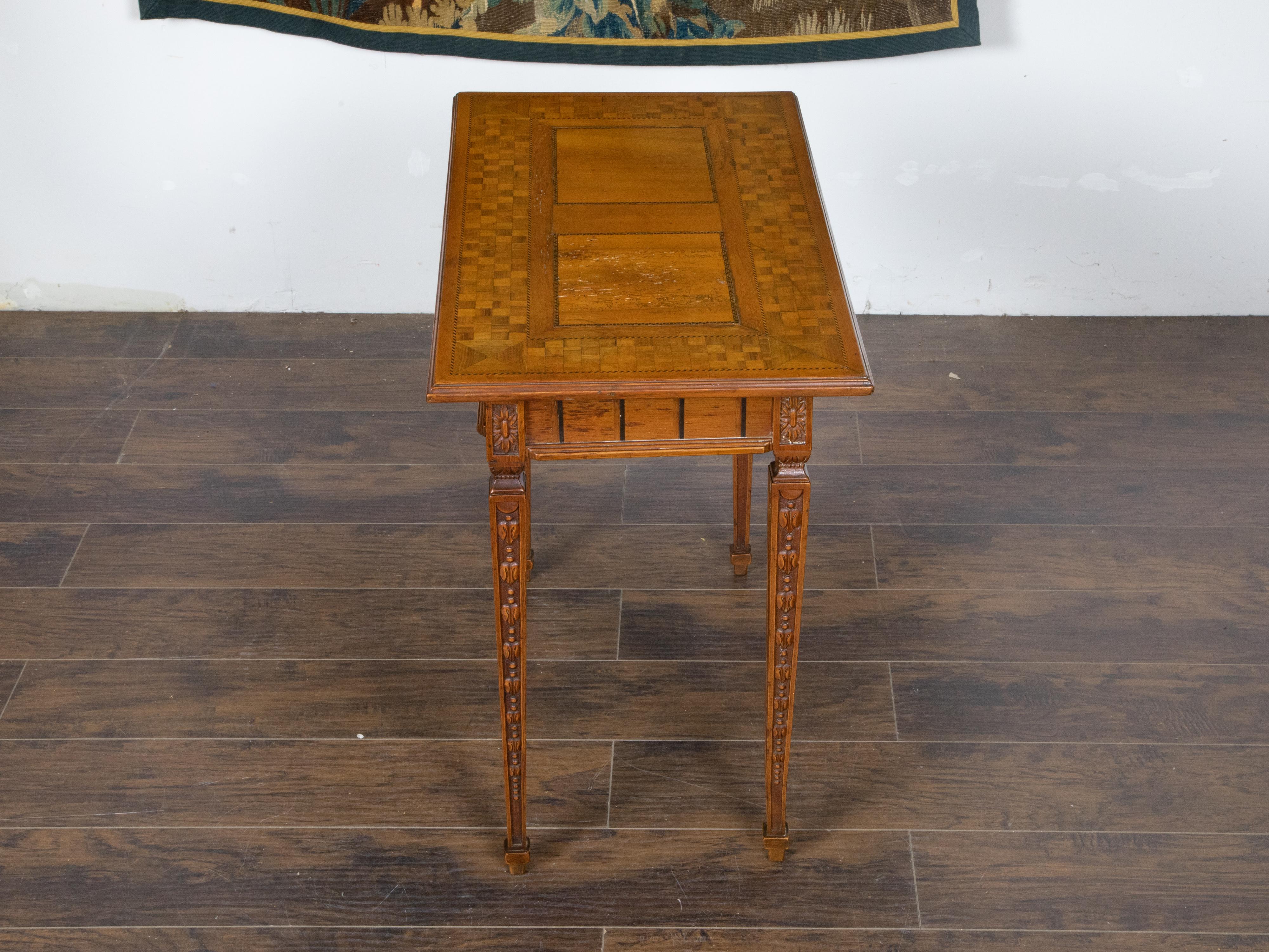 Inlay French Napoléon III Period Walnut Side Table with Inlaid Décor and Single Drawer For Sale