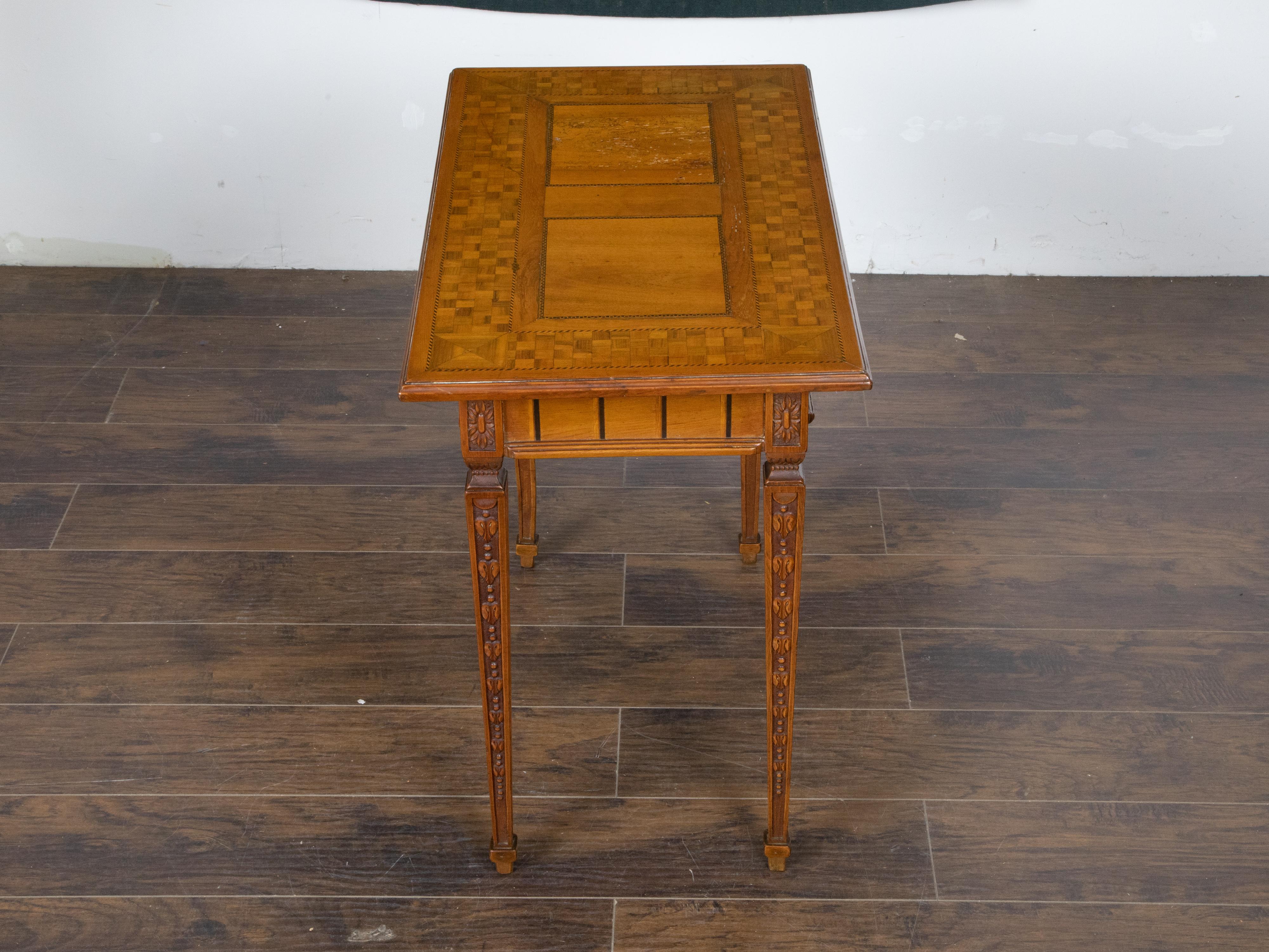 19th Century French Napoléon III Period Walnut Side Table with Inlaid Décor and Single Drawer For Sale