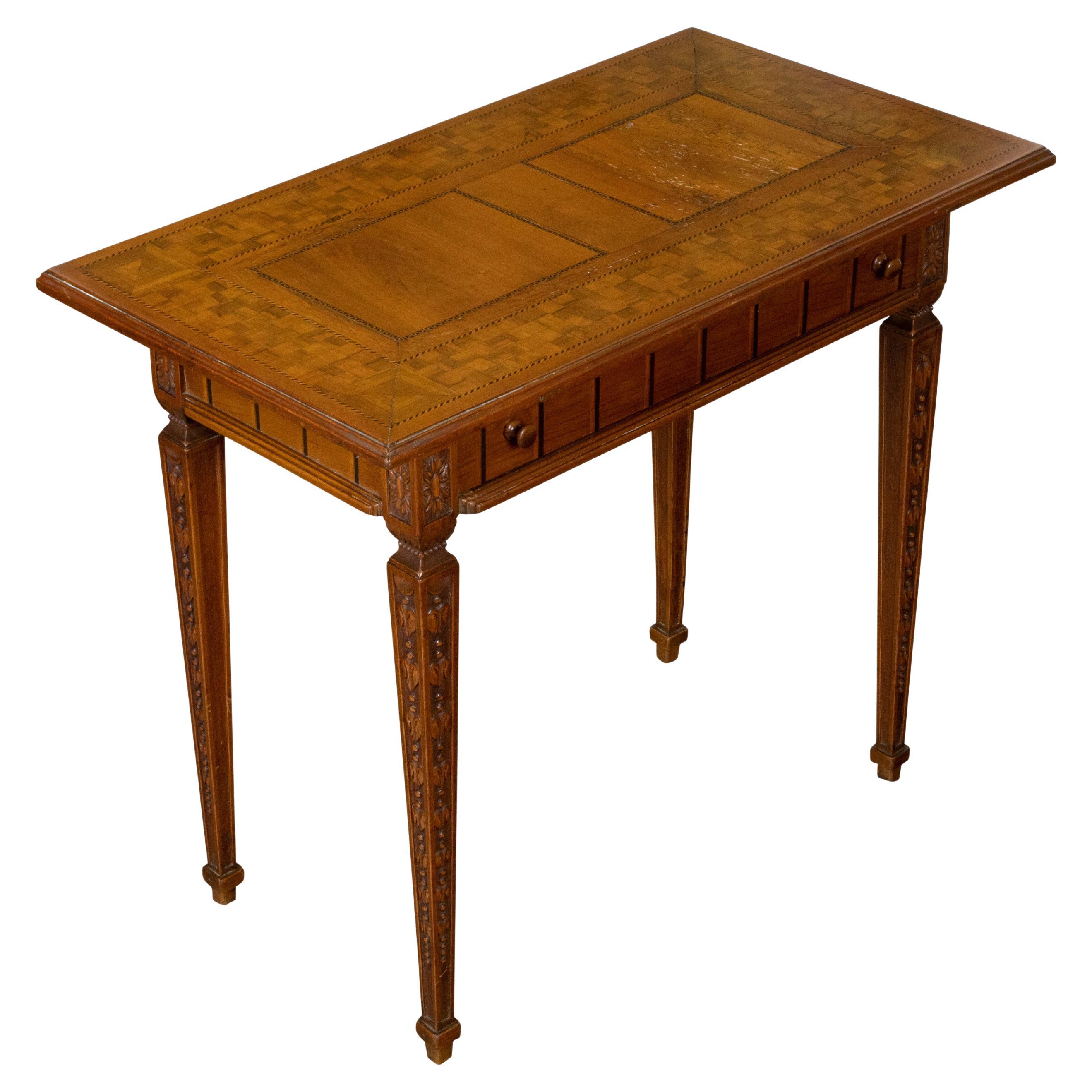 French Napoléon III Period Walnut Side Table with Inlaid Décor and Single Drawer