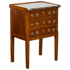 French Napoléon III Period Walnut Table with Grey Marble Top and Three Drawers