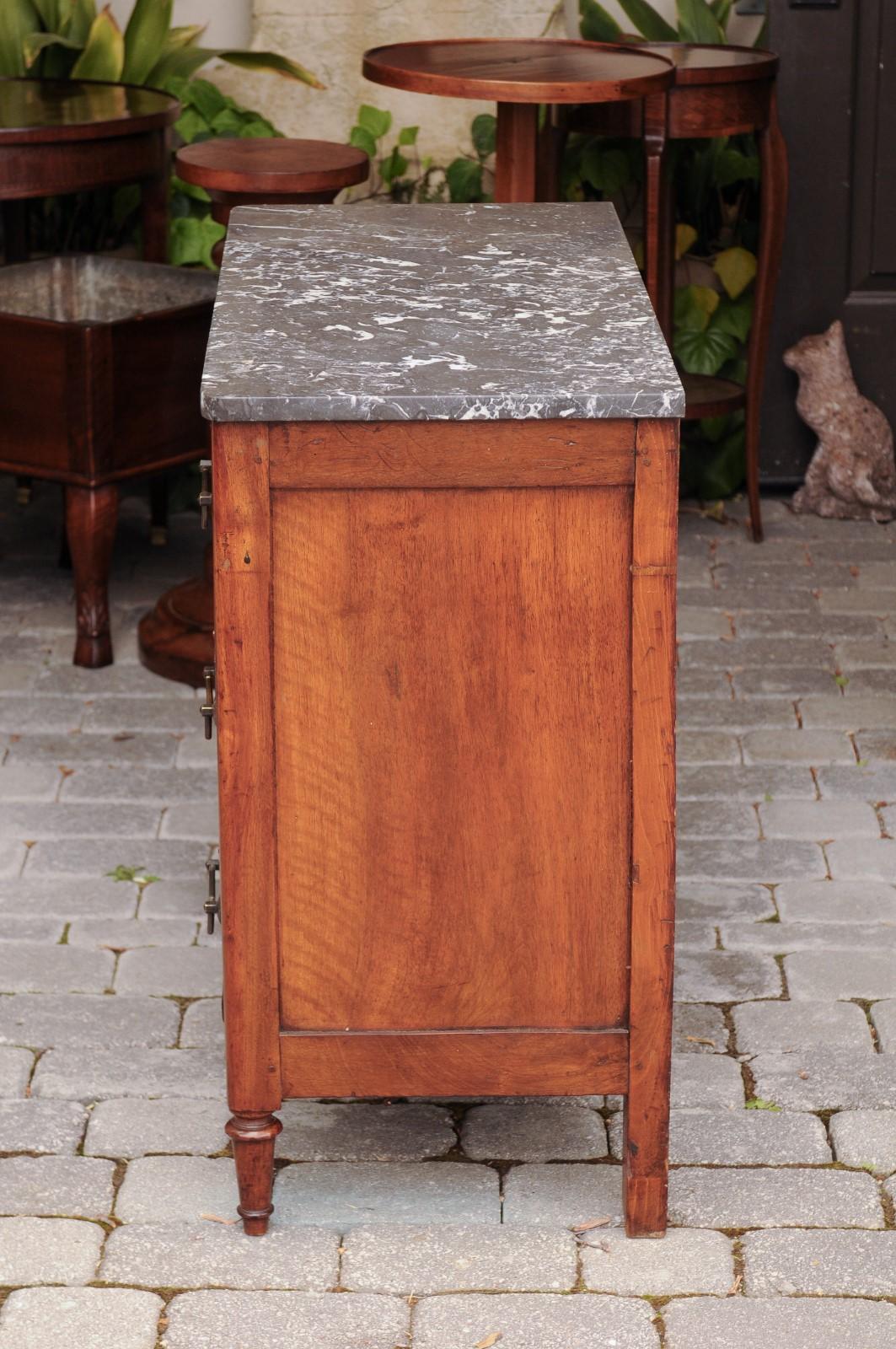 French Napoleon III Period Walnut Three-Drawer Commode with Grey Marble Top 7