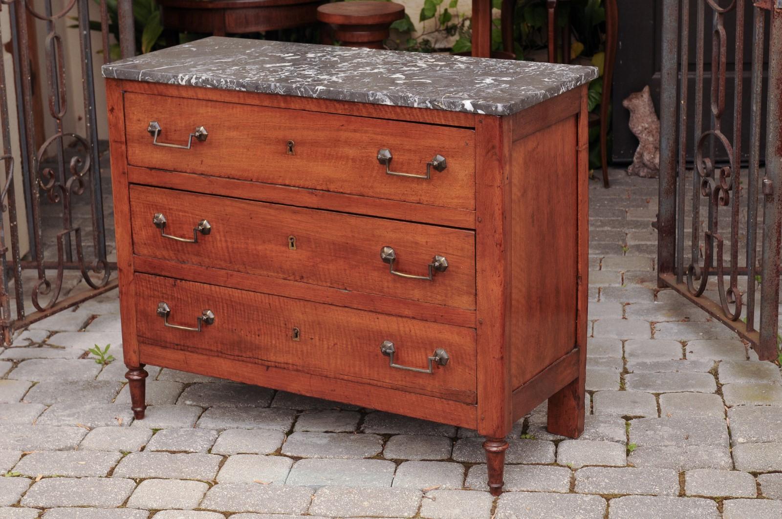 French Napoleon III Period Walnut Three-Drawer Commode with Grey Marble Top 8