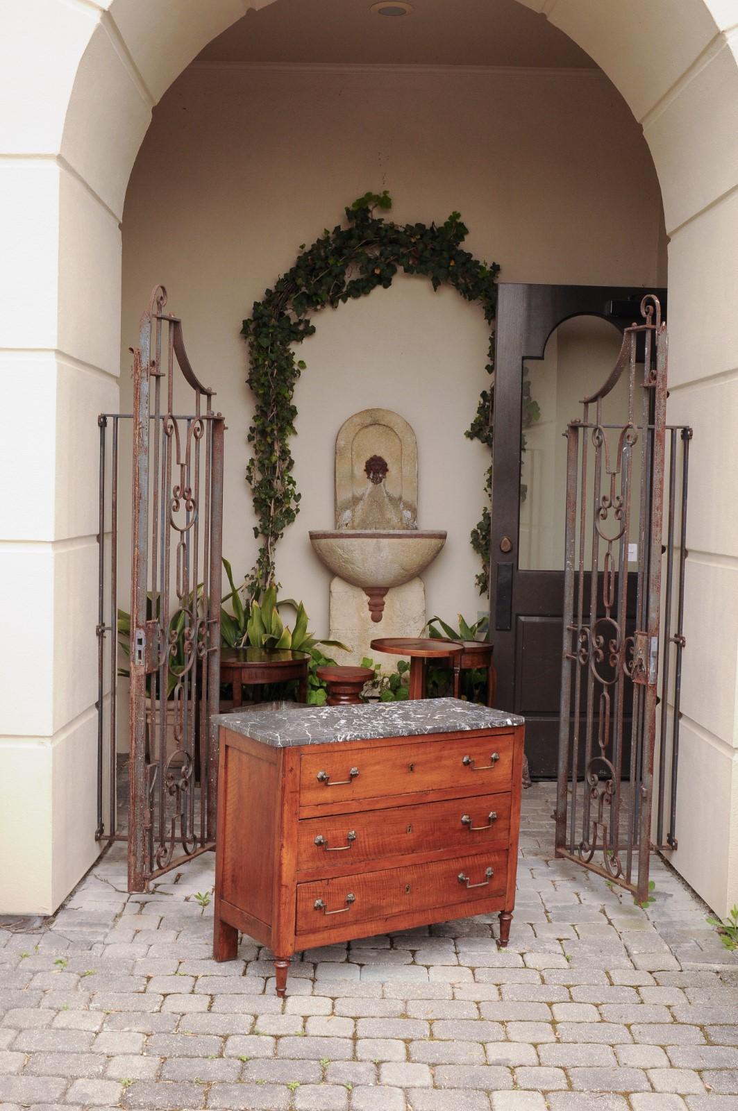 French Napoleon III Period Walnut Three-Drawer Commode with Grey Marble Top In Good Condition In Atlanta, GA