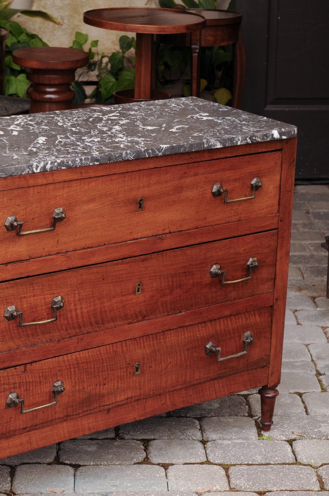 French Napoleon III Period Walnut Three-Drawer Commode with Grey Marble Top 1