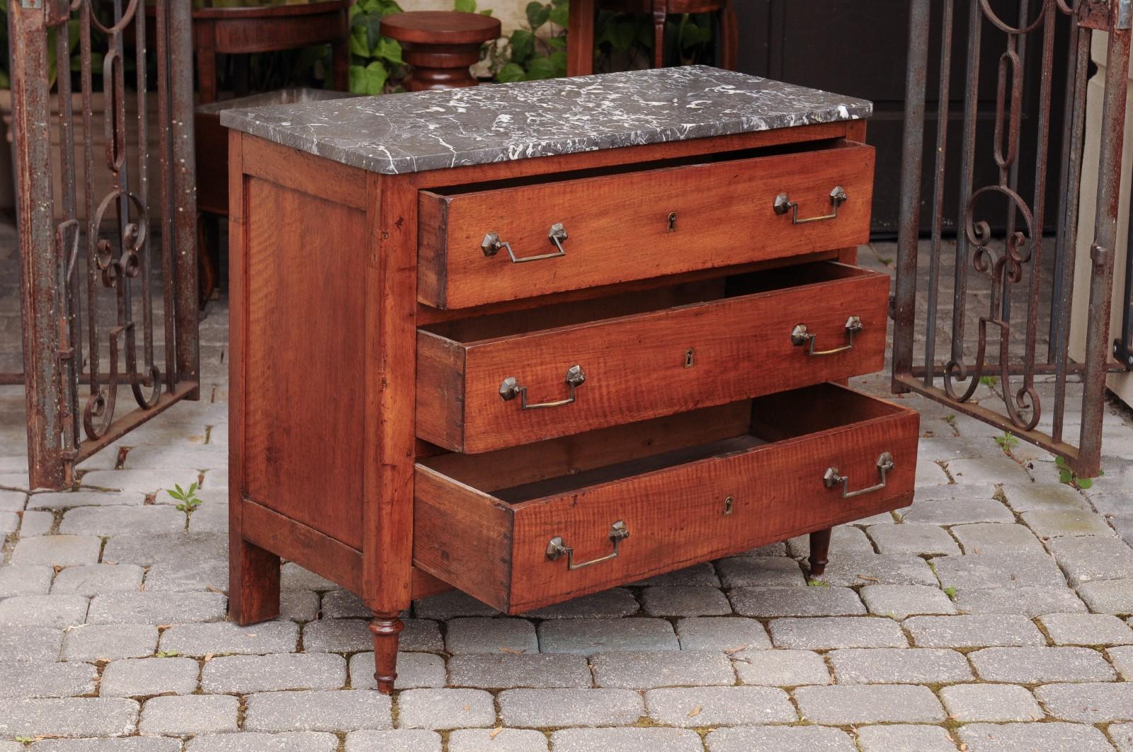 French Napoleon III Period Walnut Three-Drawer Commode with Grey Marble Top 2