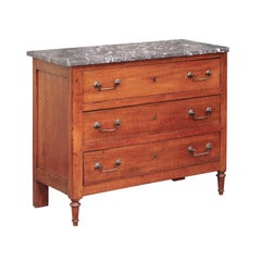 French Napoleon III Period Walnut Three-Drawer Commode with Grey Marble Top