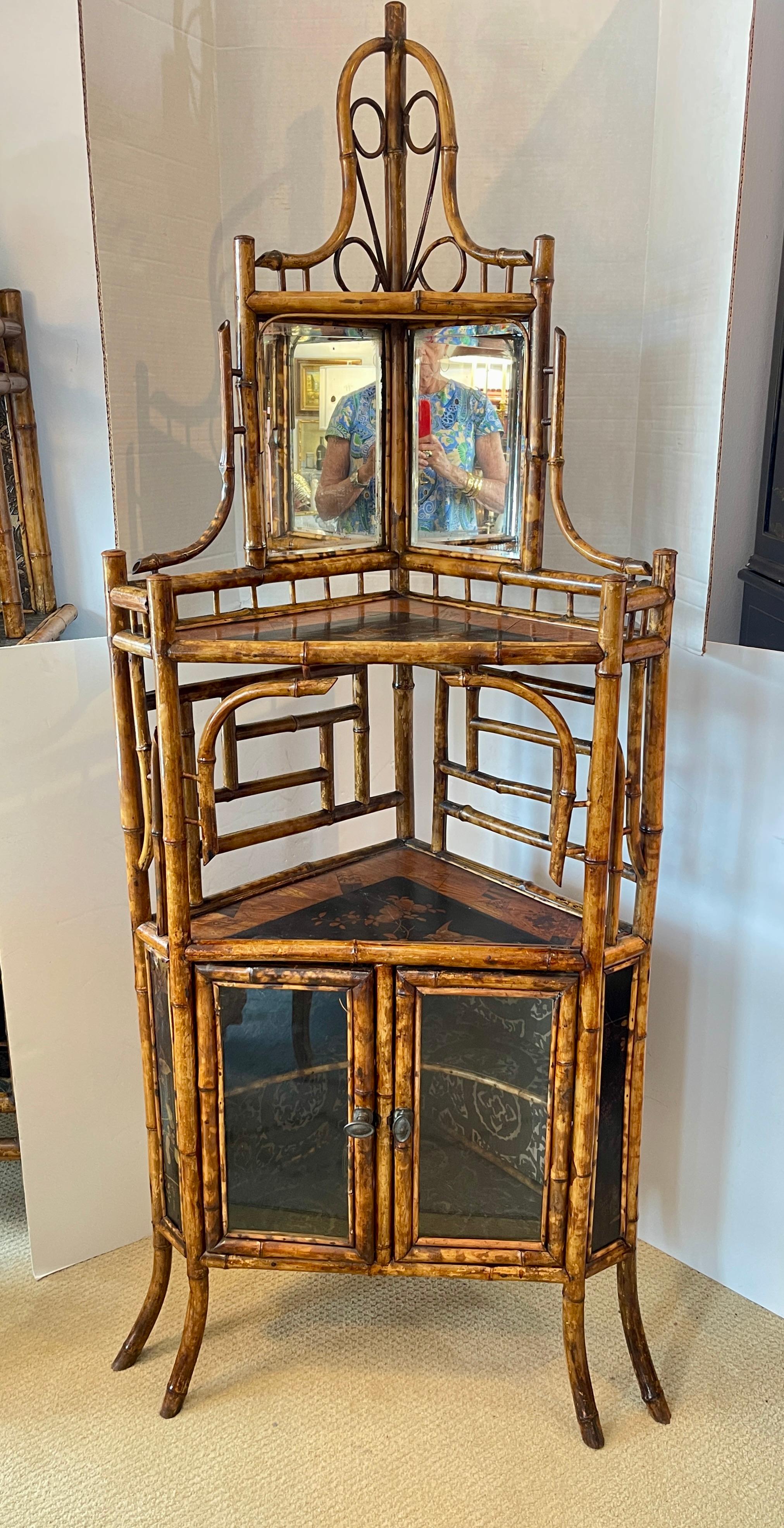 Hand-Crafted French Napoleon III Rare Bamboo & Lacquer Corner Cabinet, C.1870 For Sale