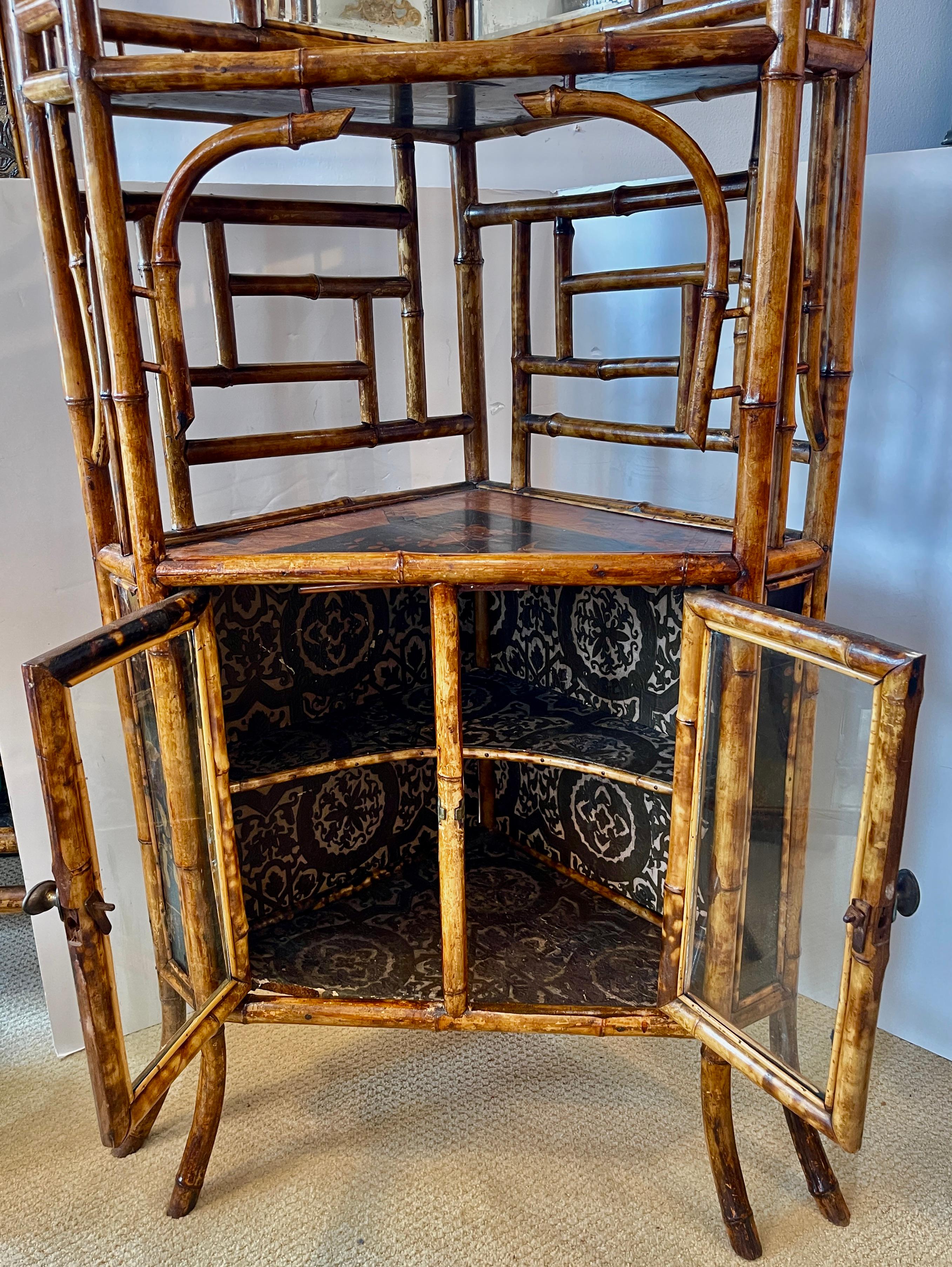 Late 19th Century French Napoleon III Rare Bamboo & Lacquer Corner Cabinet, C.1870 For Sale